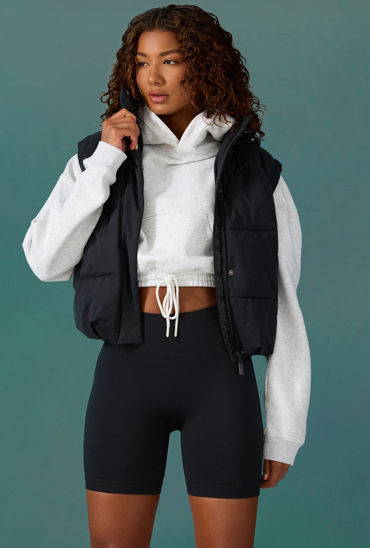 Cropped Drawstring Hooded Sweatshirt in Ice Grey、mySite、solidvoid