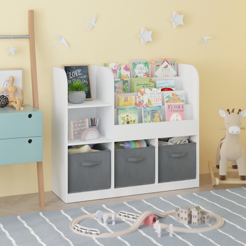 Kids Bookcase and Bookshelf, Multifunctional Bookcase with 3 Collapsible Fabric Drawers, Bookcase Display Stand, Toy Storage Organizer for Bedroom, Playroom, Hallway (White/Gray)、、casual