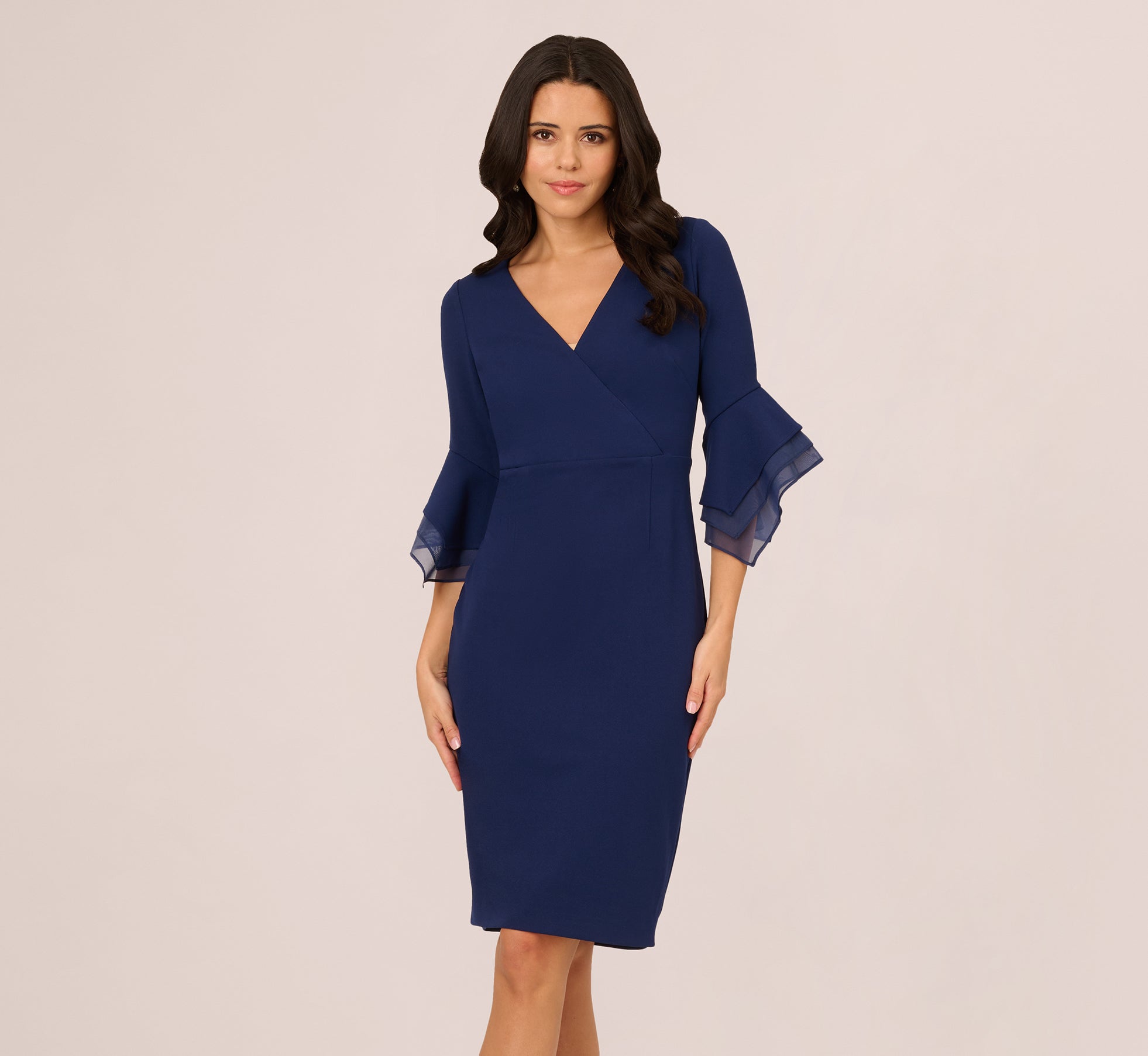Three Quarter Bell Sleeve Sheath Midi Dress In Navy Sateen、mySite、solidvoid