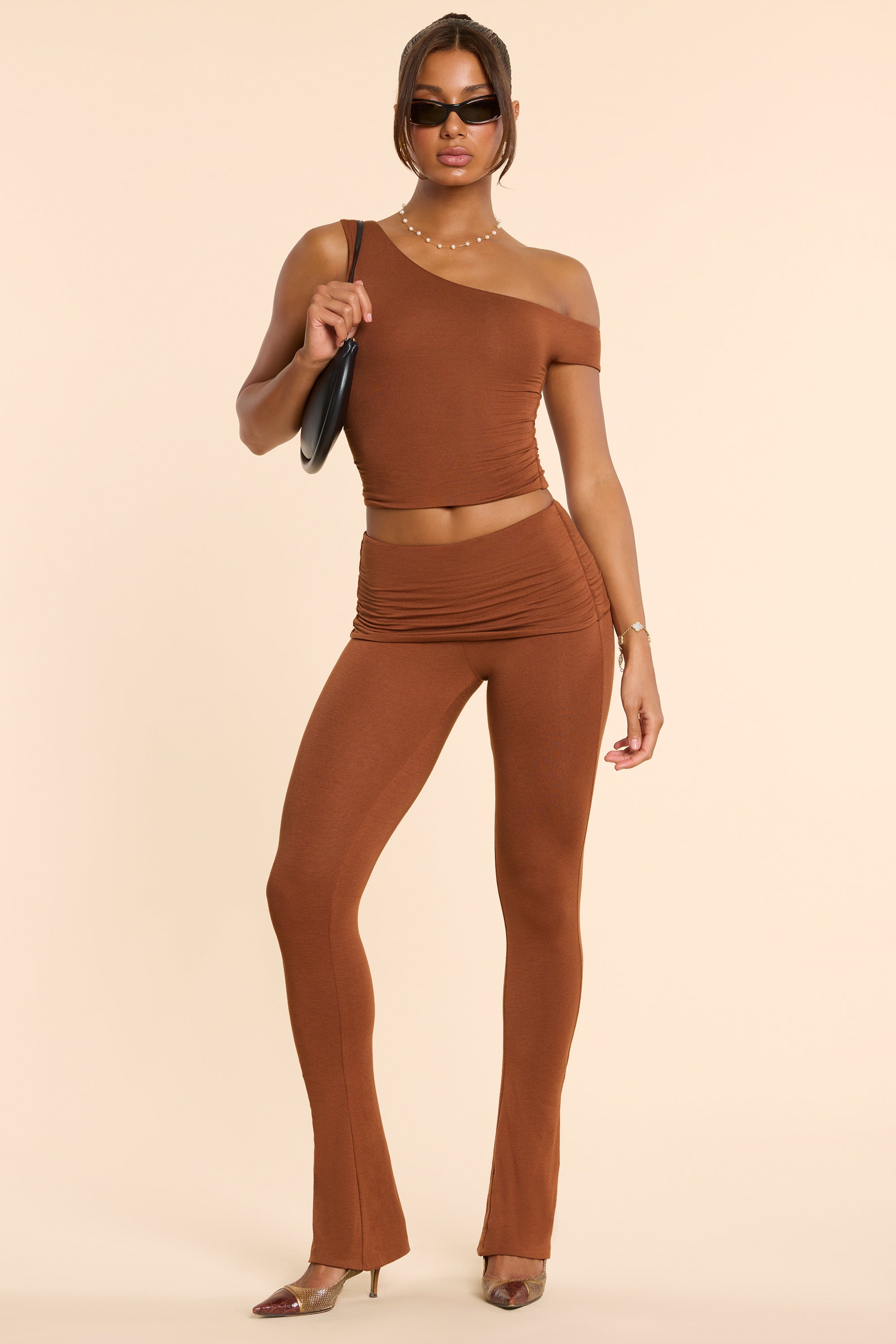 Petite Mid Rise Modal Cashmere Blend Trousers in Chestnut Brown、mySite、solidvoid