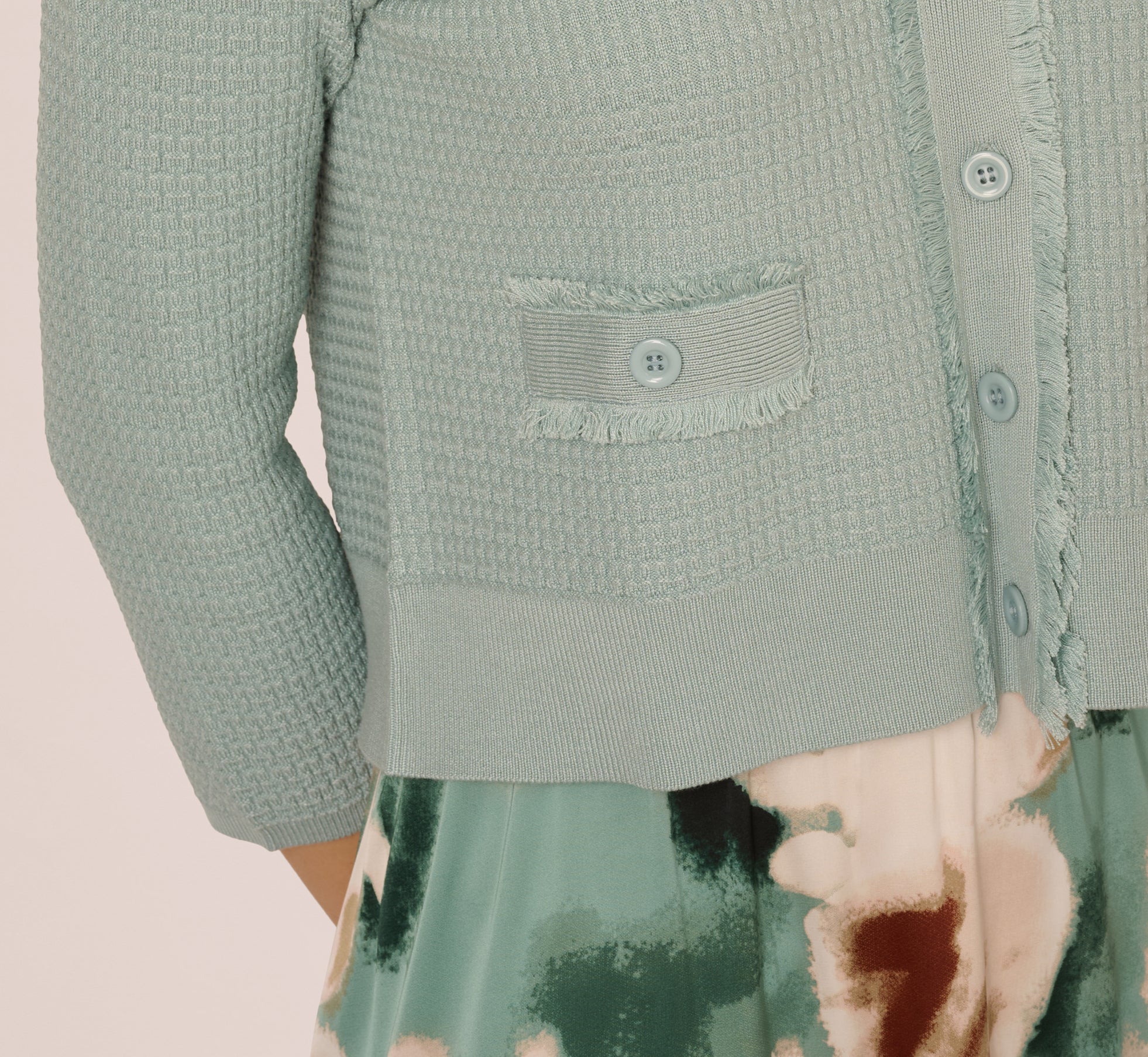 Waffle Knit Cardigan Sweater With Frayed Edges In Dusty Seamist、mySite、solidvoid