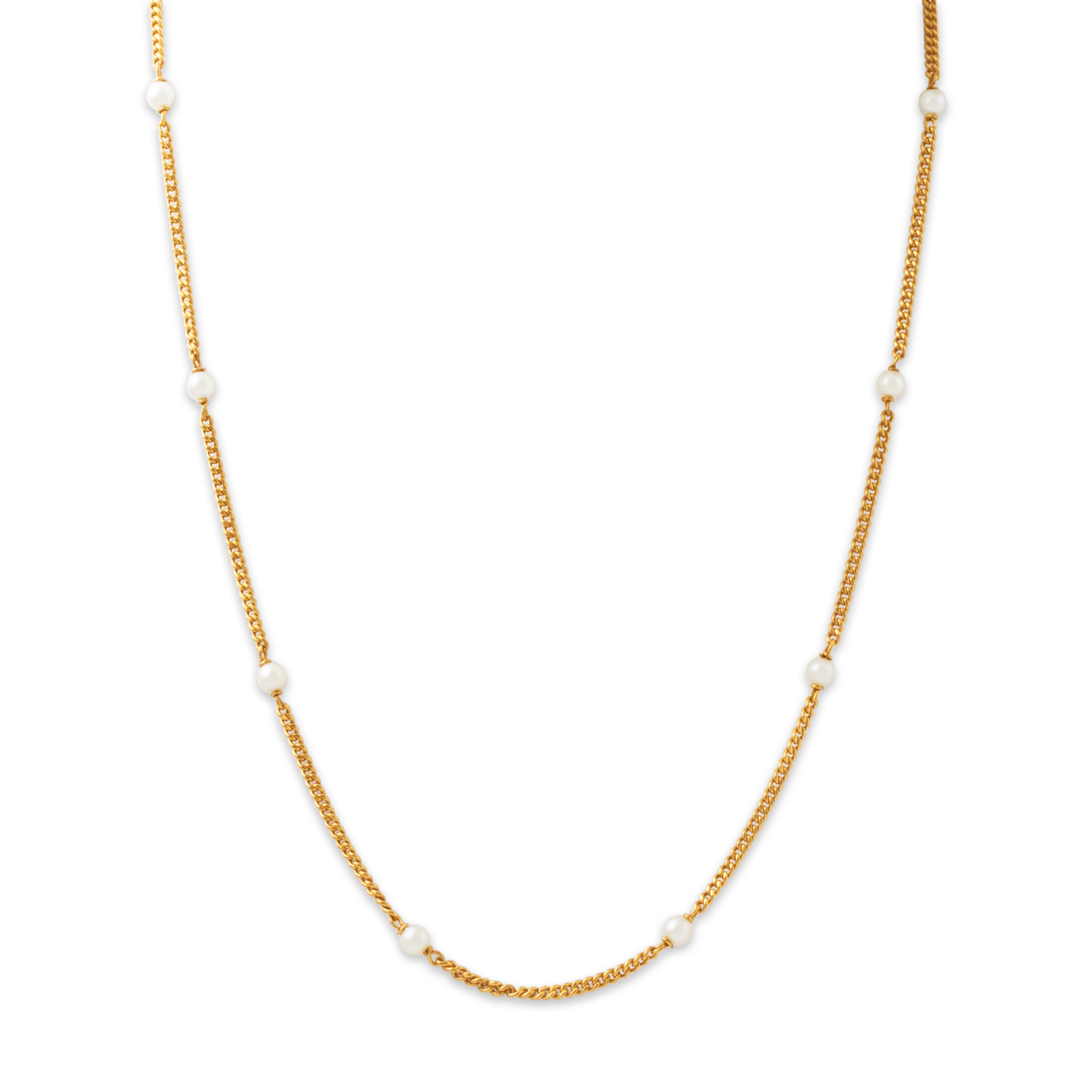 Antique 14k Yellow Gold Pearl Satin Curb Chain Station Necklace 16.5、mySite、hinf8tx79