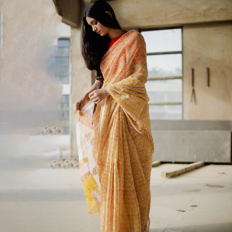 Kota Doria Sarees | Sanganeri Print | Orange、mySite、camillekostekn