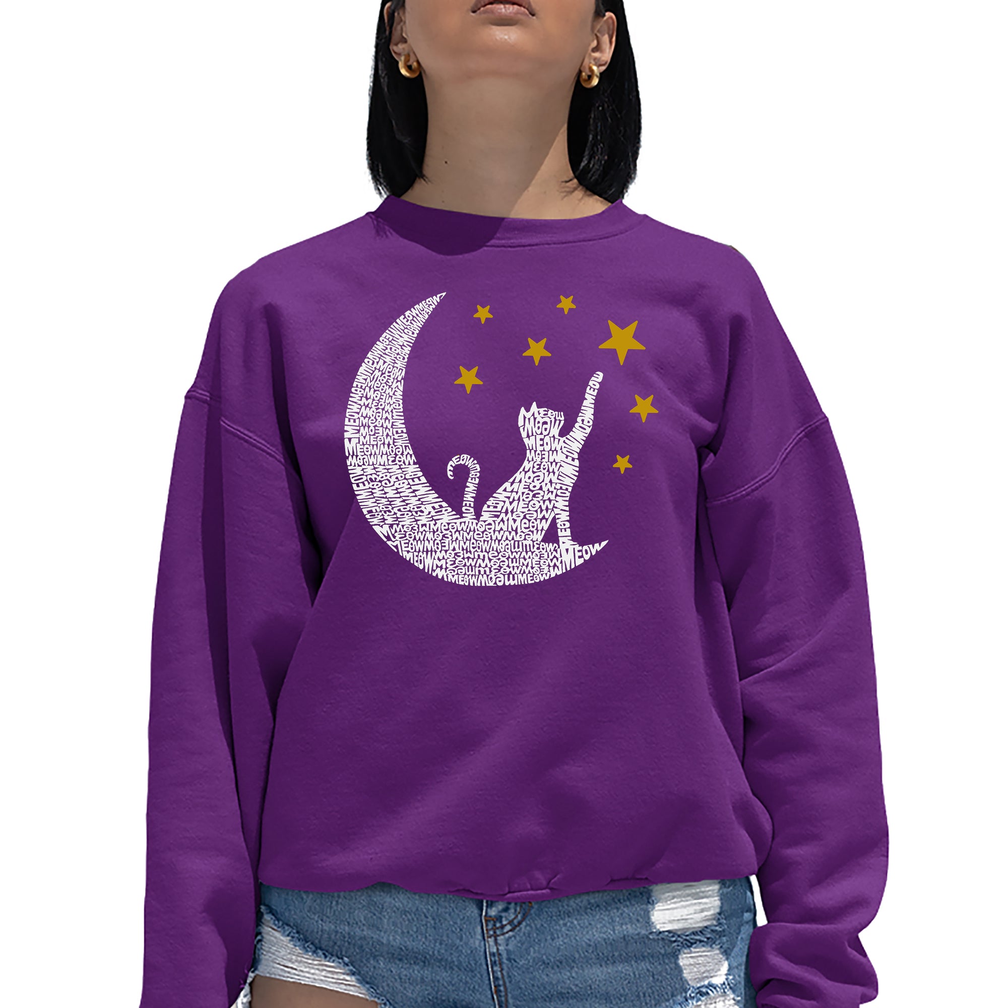 Cat Moon - Women's Word Art Crewneck Sweatshirt、mySite、camillekostekn