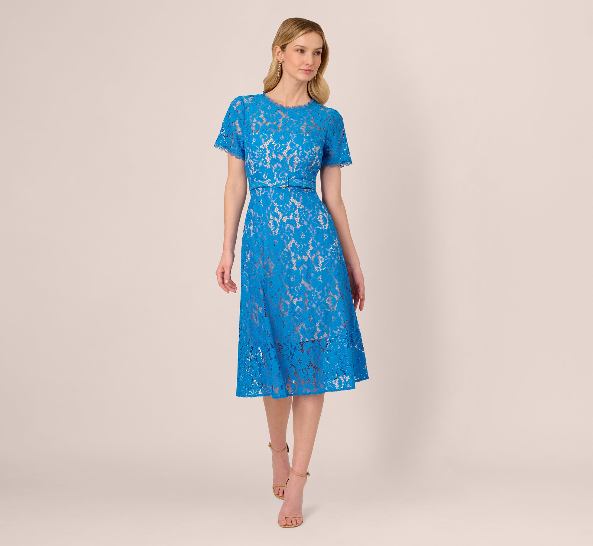Short Sleeve Belted Lace Midi Dress In Blue Wave、mySite、solidvoid
