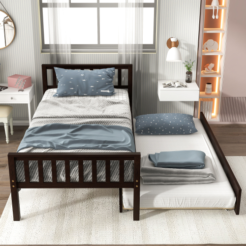 Twin Bed with Trundle, Platform Bed Frame with Headboard and Footboard, for Bedroom Small Living Space,No Box Spring Needed,White(New SKU:W504P148532)、、casual