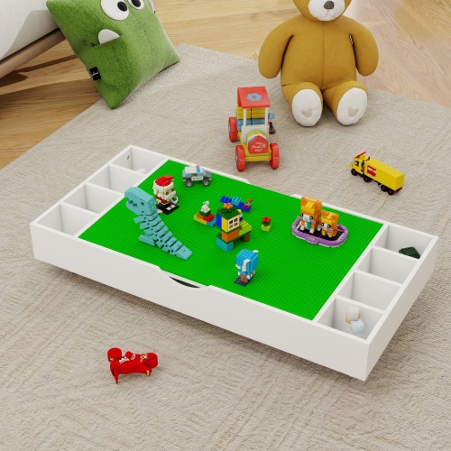 The 2 in 1 Rollaway Play Table and Toy Organizer Compatible with Lego Suitable for Storing Under Bed or Sofa-White (38" x 18.7" x 5.9")、、casual