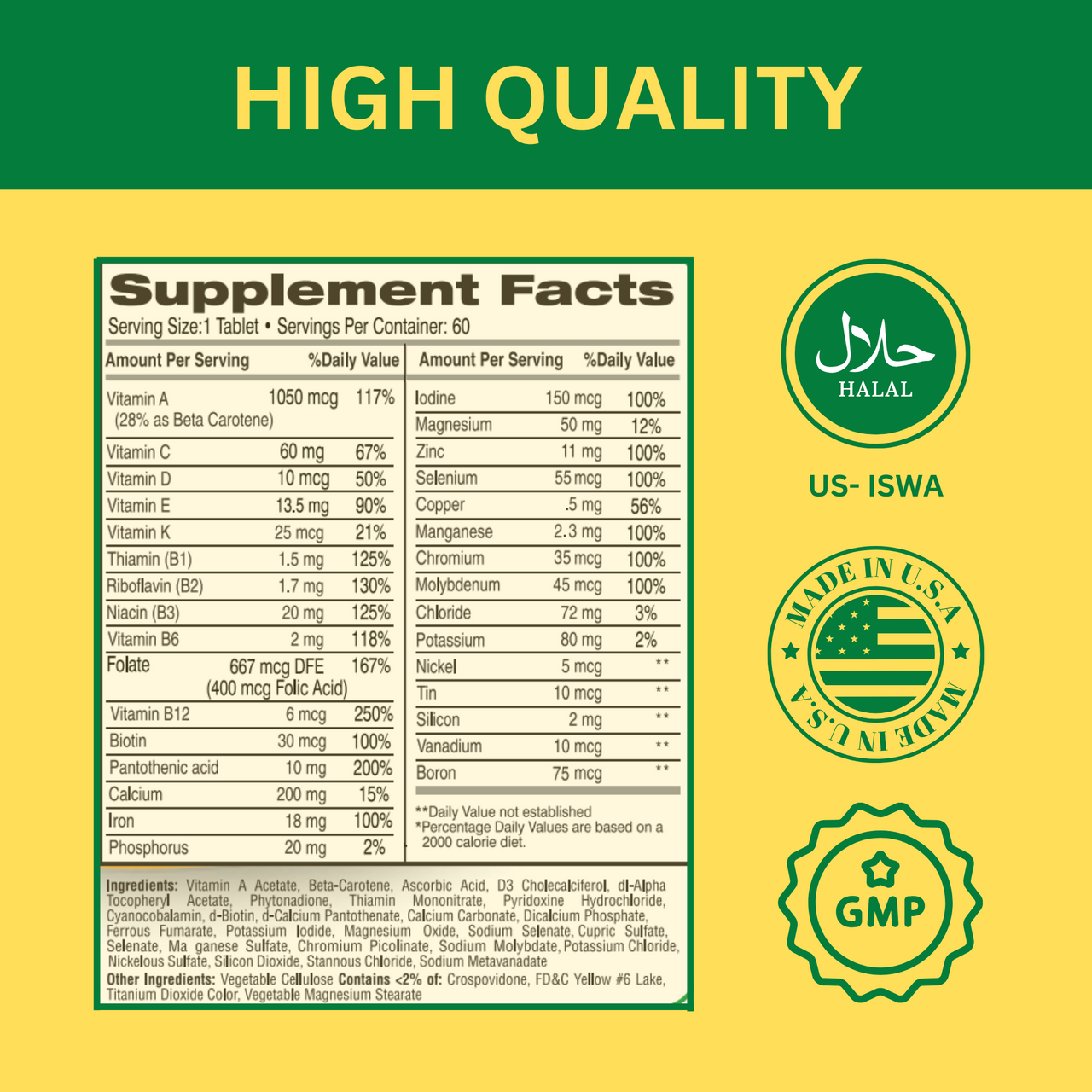 Greenfield Nutritions - Halal Multivitamin with Minerals for Women and Men Adult (Gelatin Free) - 60 Tablets Halal Vitamins、mySite、topwebapps