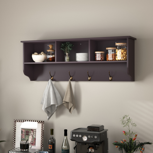 White Entryway Wall Mounted Coat Rack with 4 Dual Hooks Living Room Wooden Storage Shelf、、casual