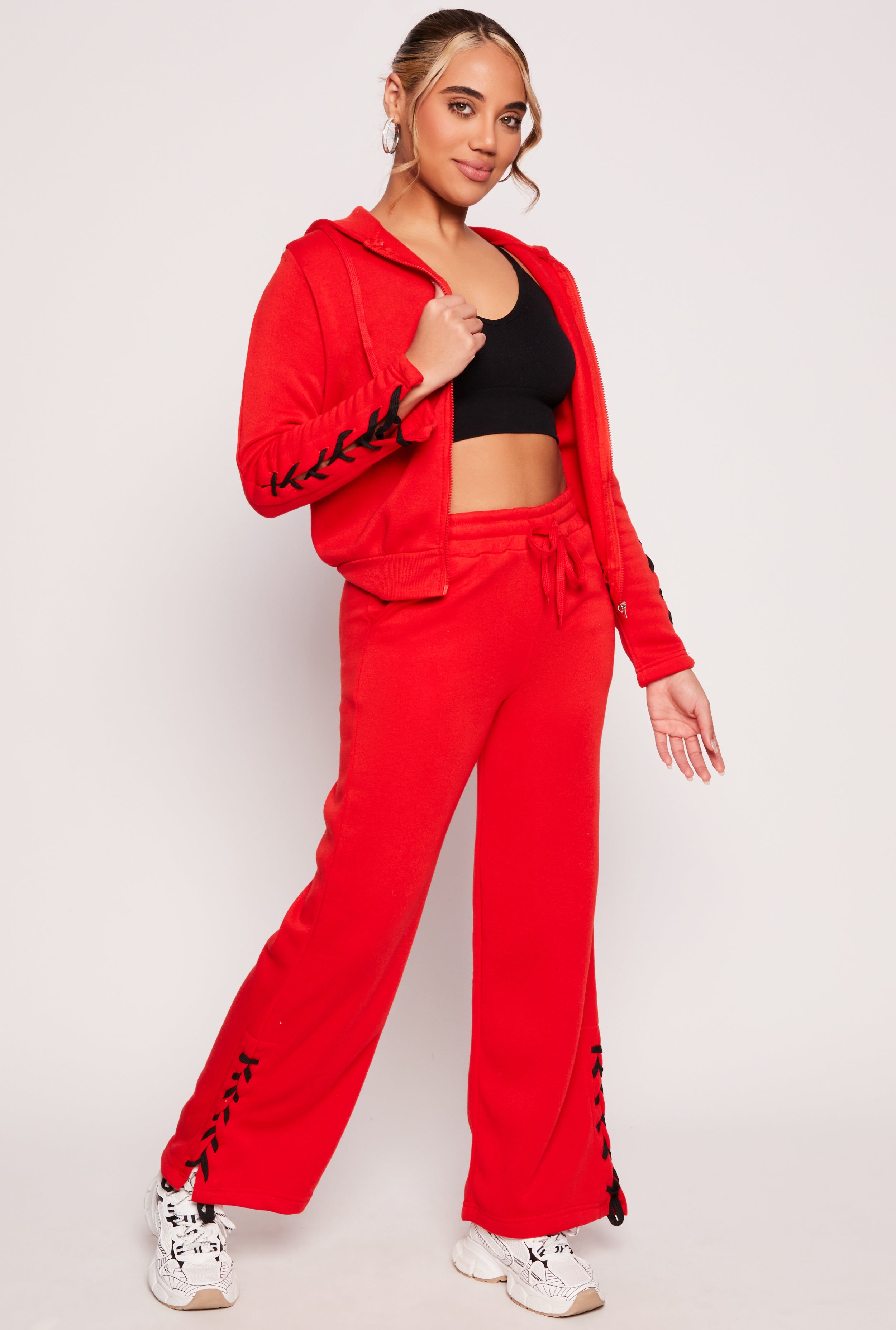 Lace Up Sleeve Zip Front Hoodie、mySite、camillekostekn