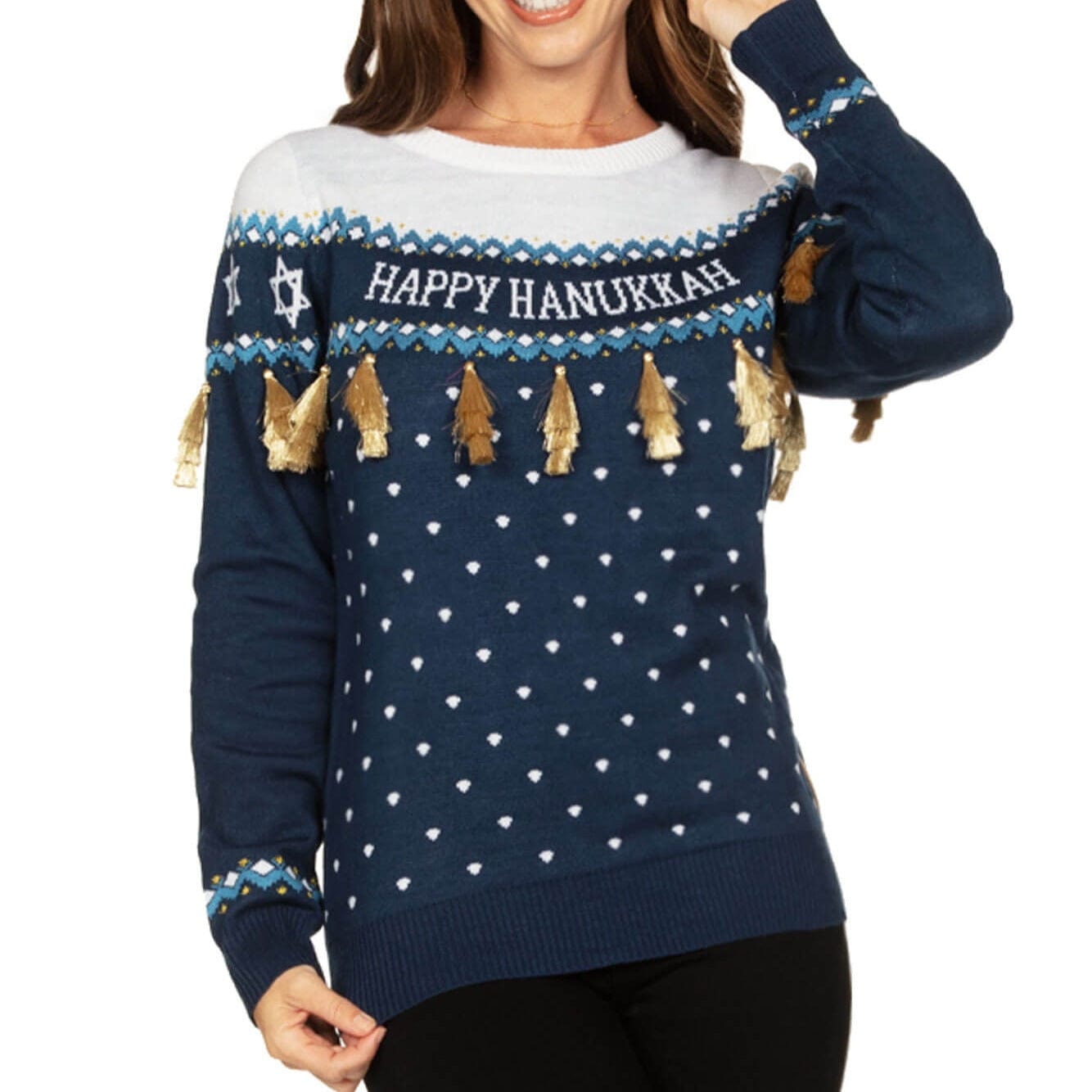 Women's Happy Hanukkah Tassel Sweater by Tipsy Elves (Sizes XS - 5XL)、mySite、topwebapps
