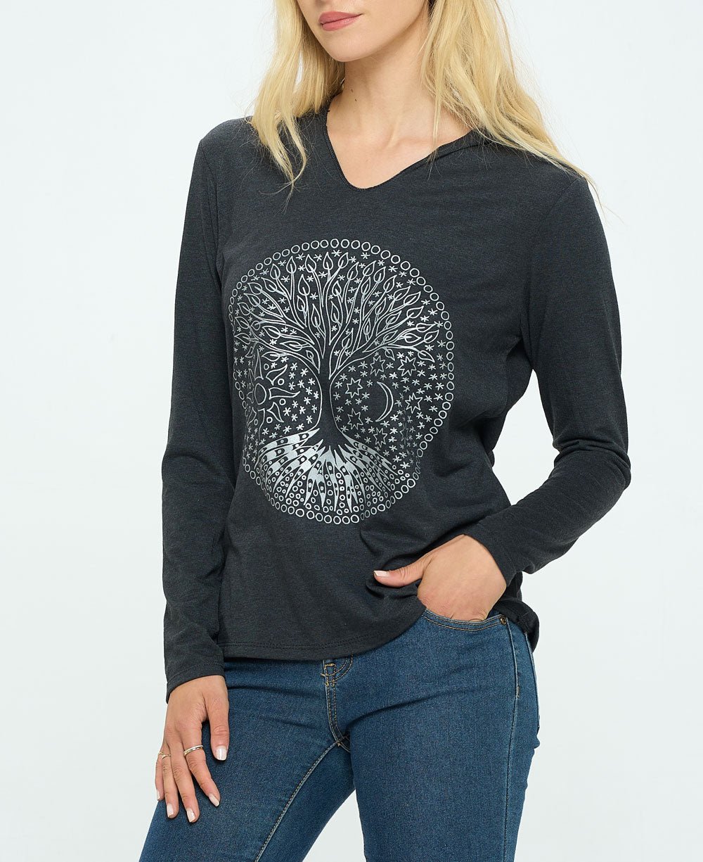 Celestial Tree of Life Boho Long Sleeve Lightweight Hooded Tee、mySite、topwebapps