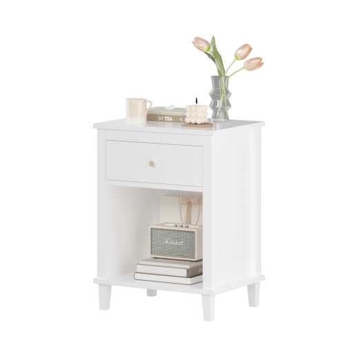 26.77''H Wooden Nightstand with One Drawer One Shelf for Kids, Adults, White+Golden handle、、casual