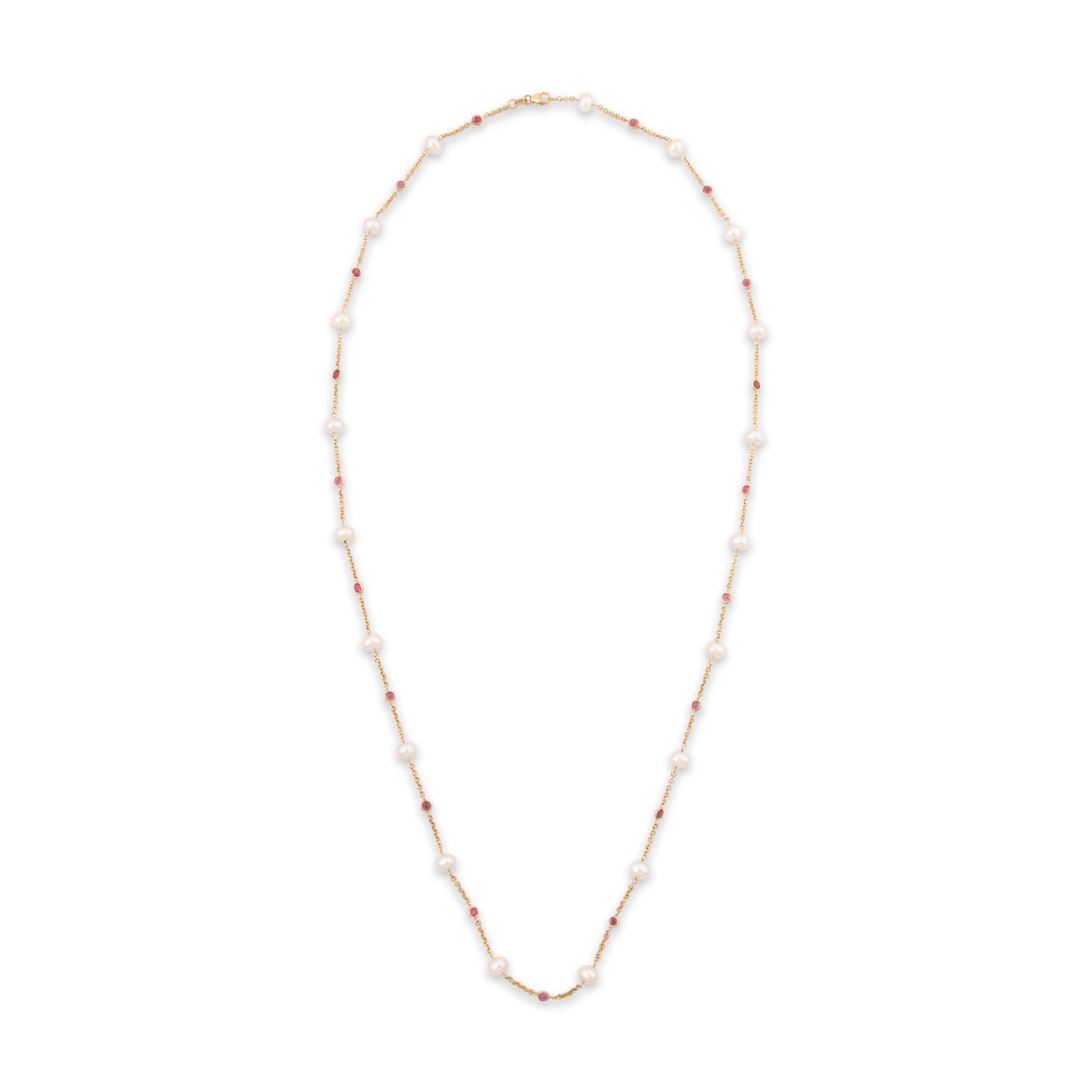 Vintage Italian 14k Yellow Gold Pearl 3cttw Pink Garnet Station Necklace 31、mySite、hinf8tx79