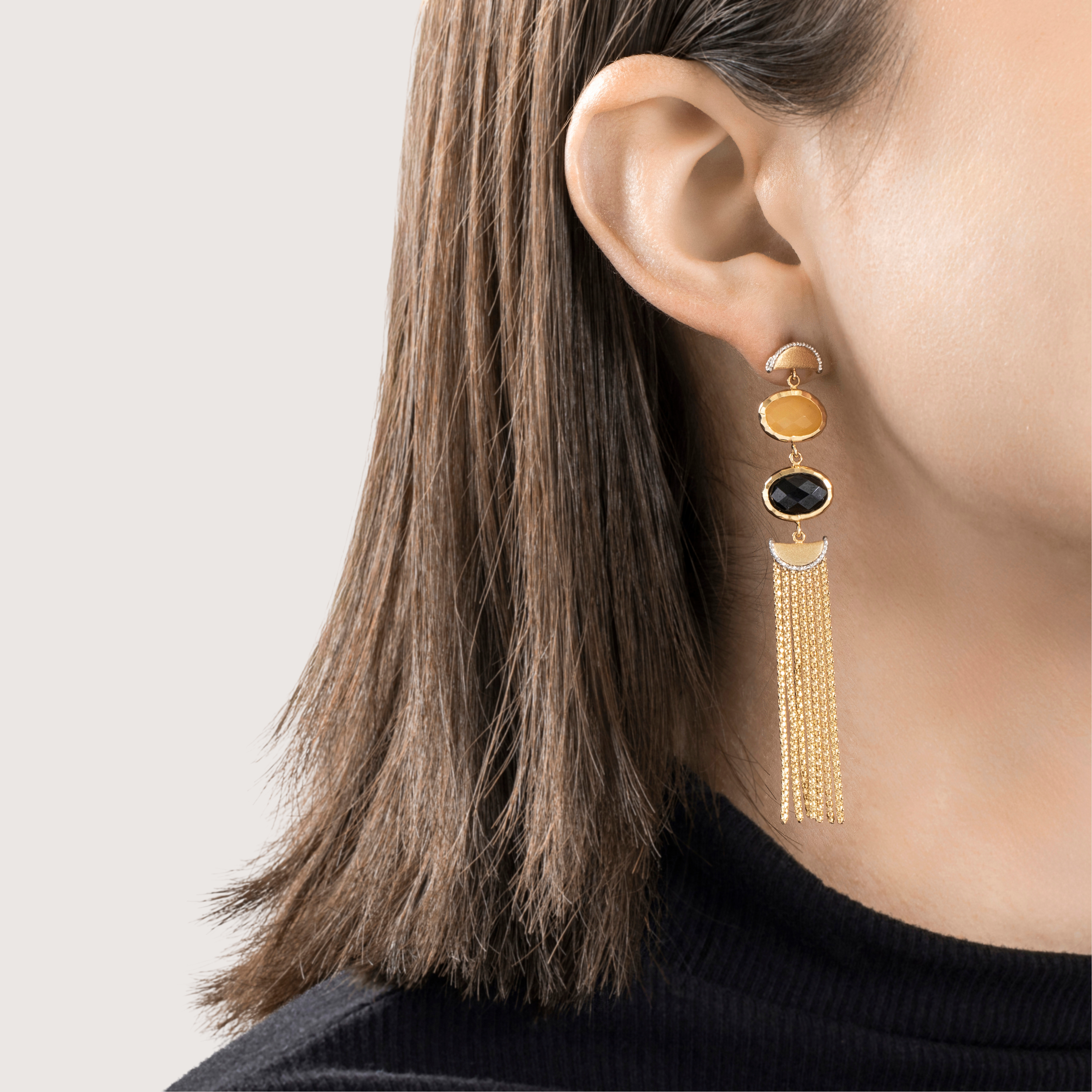 Vintage Italian Large 14k Yellow & White Gold Aventurine Onyx Fringe Earrings、mySite、hinf8tx79