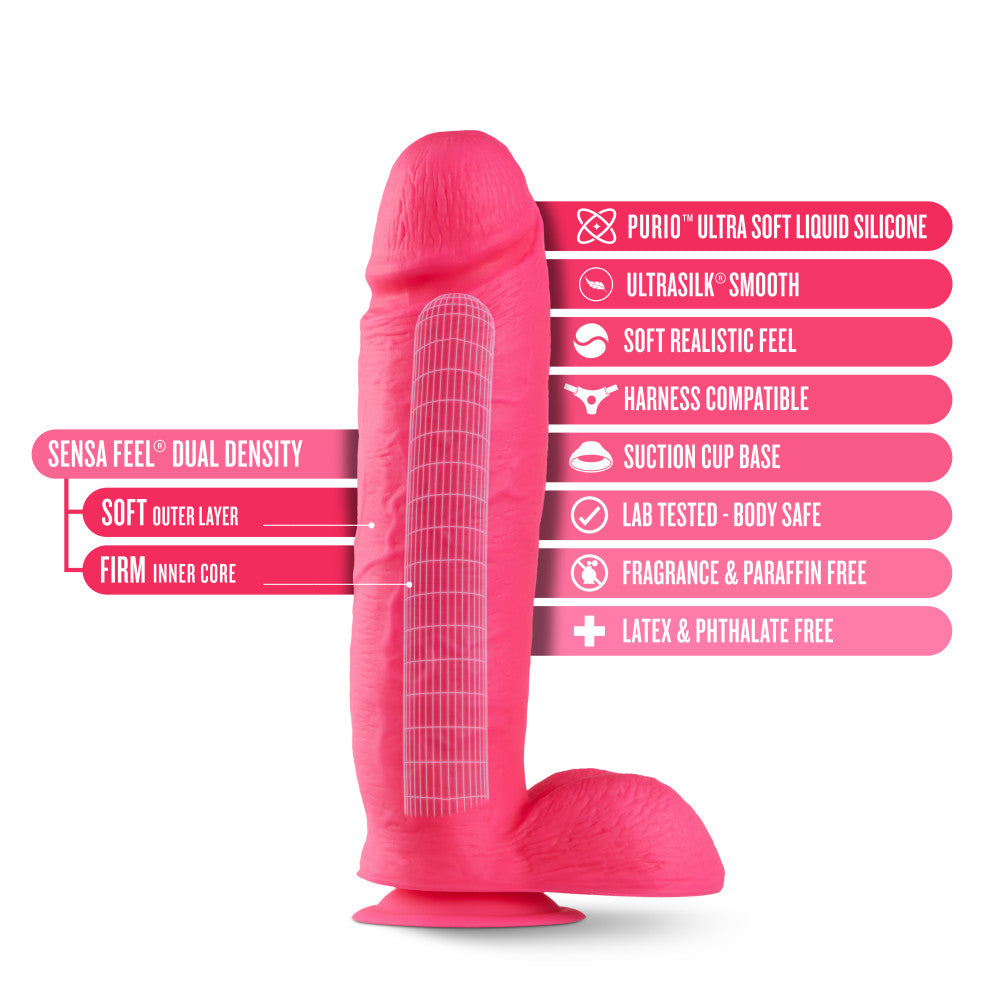 Neo Elite By Blush® | Neon Pink: 10.5-Inch Long Dildo - Made with Purio™ Silicone & SensaFeel® Dual Density Realistic Technology、mySite、bottomscart