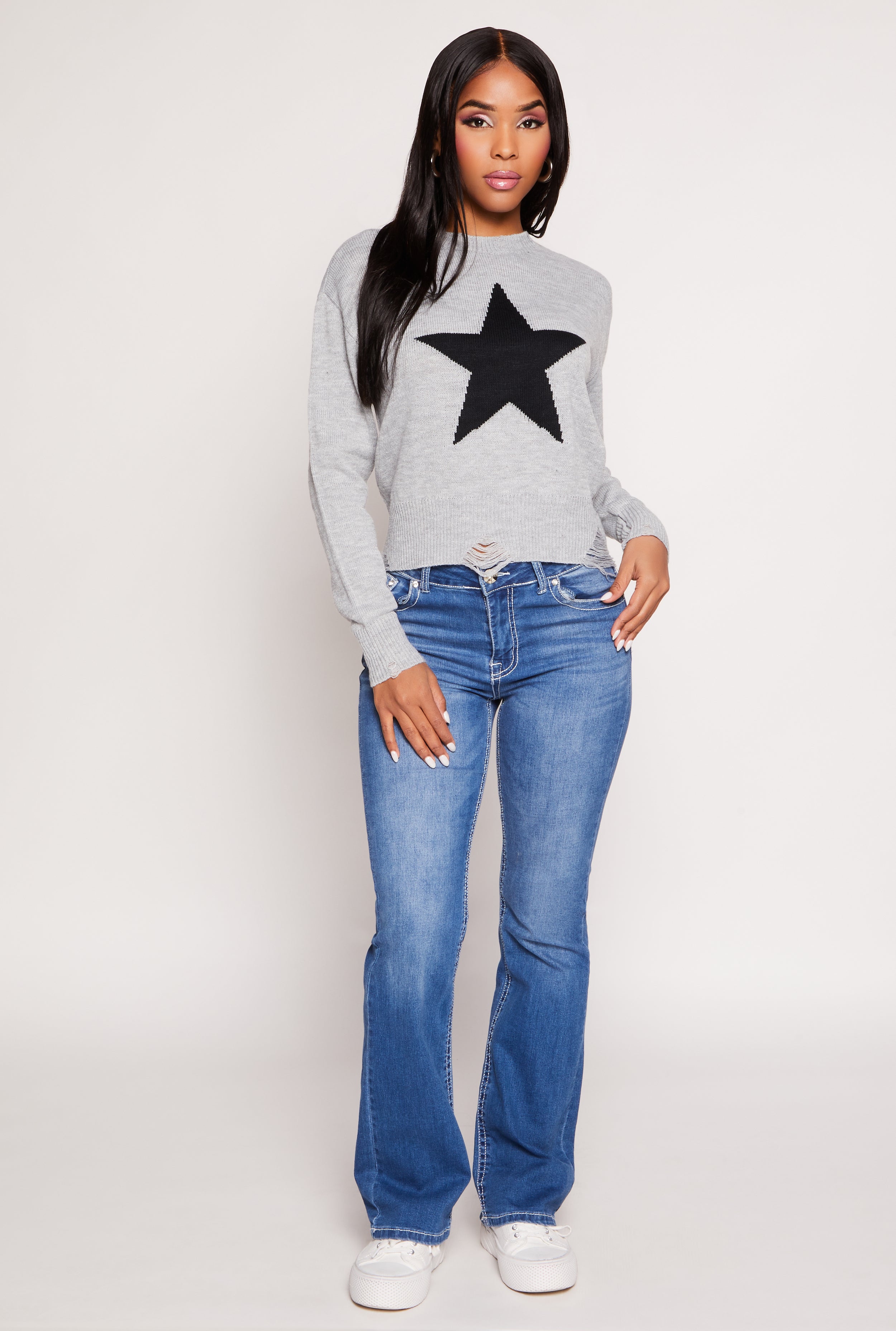 Distressed Star Graphic Crew Neck Top、mySite、camillekostekn