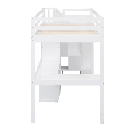 Twin Size Loft Bed with L-Shaped Desk and Drawers, Cabinet and Storage Staircase, White、、casual