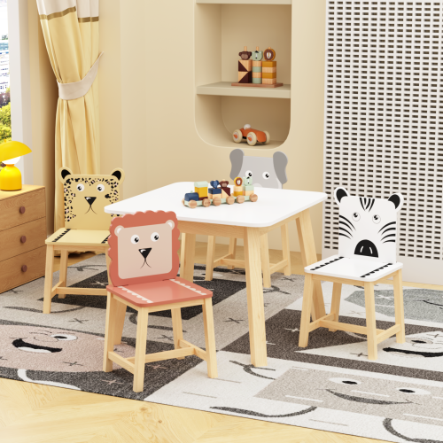 Kids Table and 2 Chairs Set, 3 Pieces Toddler Table and Chair Set, Wooden Activity Play Table Set (Lion&Monkey)、、casual