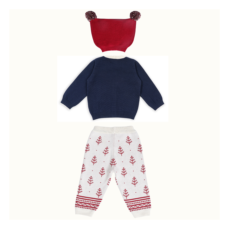 Cotton Jacquard Sweater, Lower & Cap Set | Penguine Printed | Navy Blue & Pink | Set of 3、mySite、camillekostekn