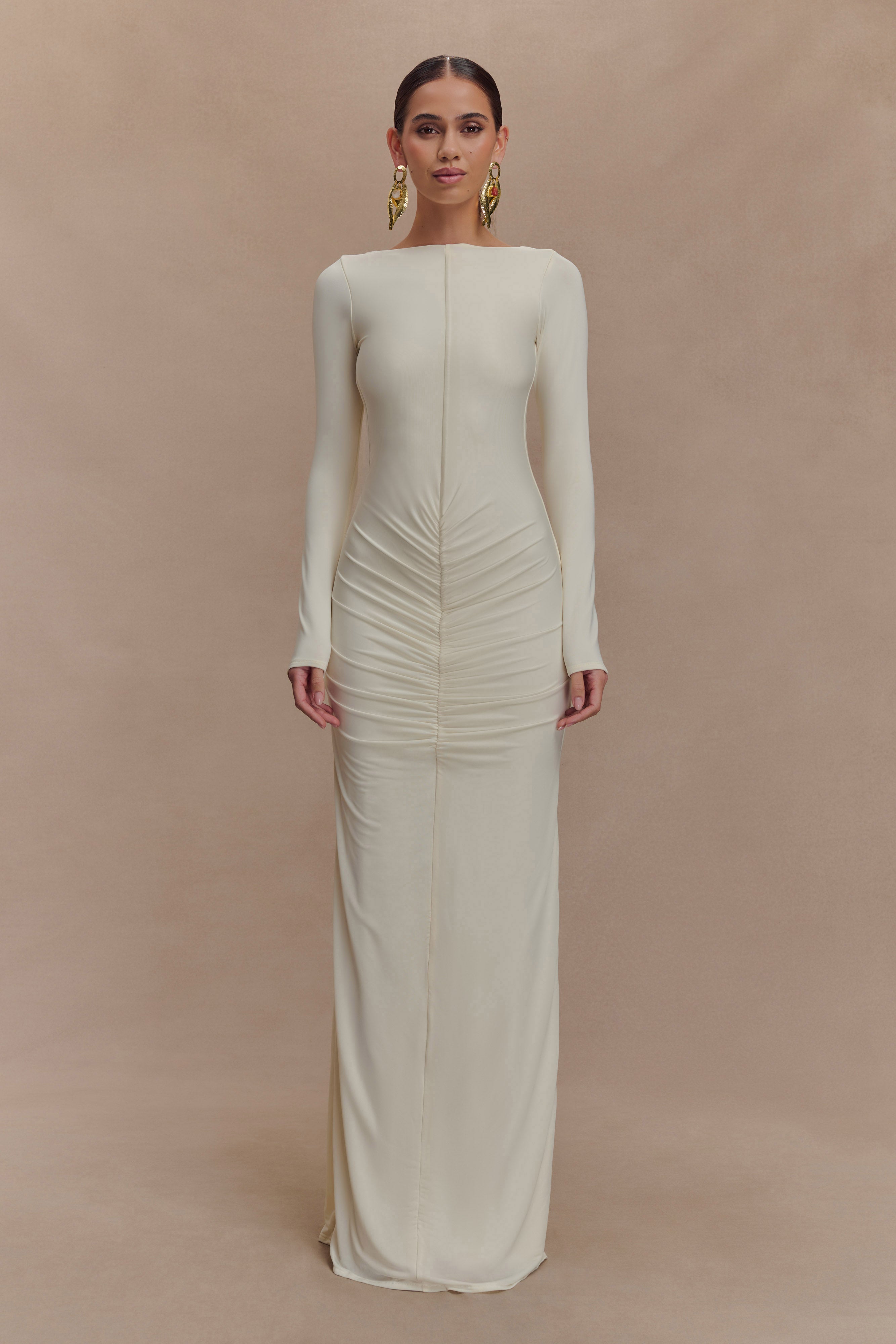 Louisa Long Sleeve Slinky Maxi Dress - Ivory、mySite、solidvoid