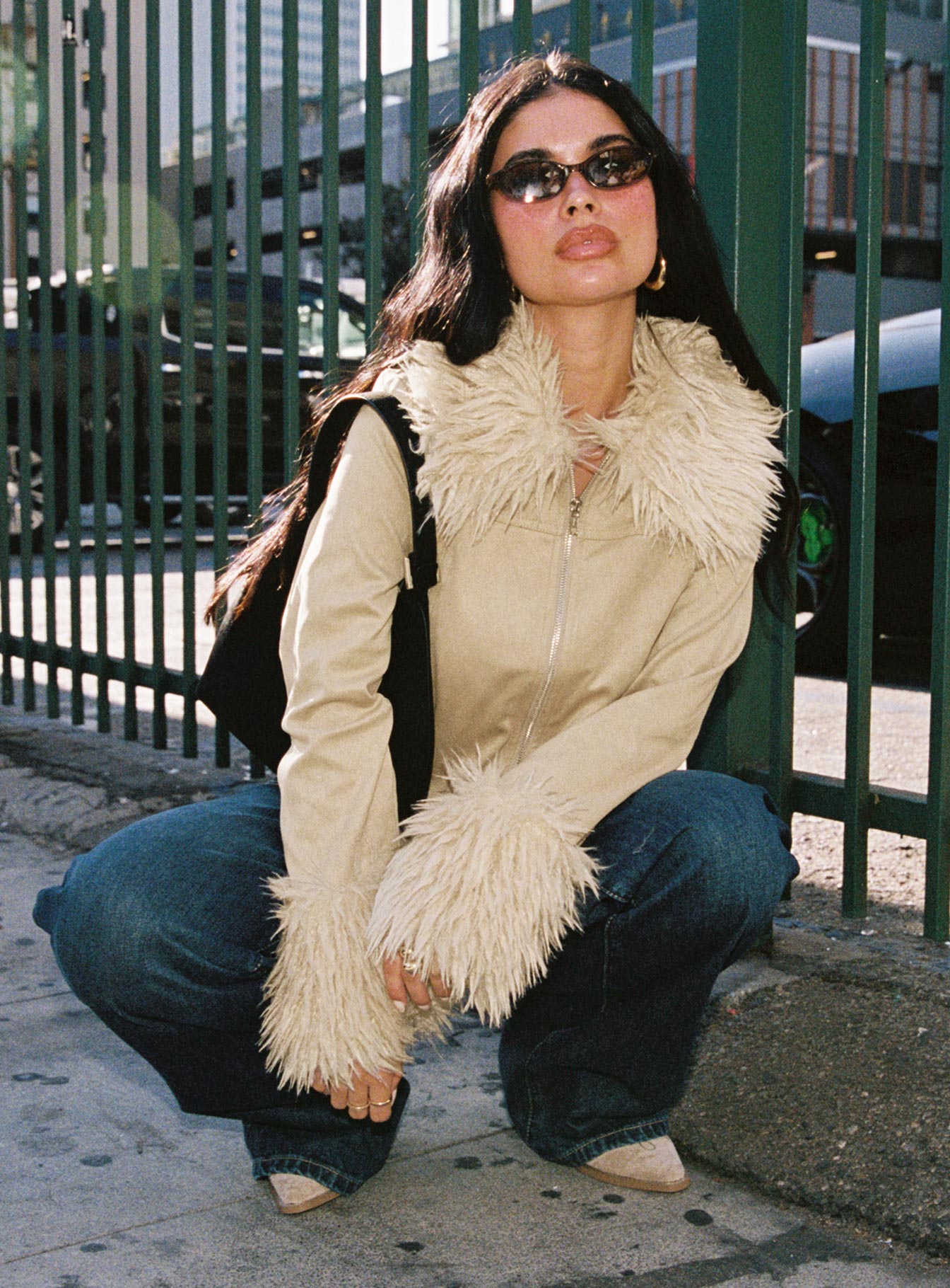 Jeanna Suede Faux Fur Detail Jacket Beige、mySite、solidvoid