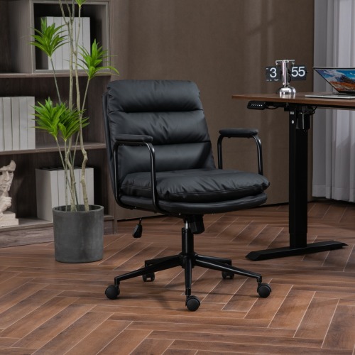 Office Chair,Mid Back Home Office Desk Task Chair with Wheels and Arms Ergonomic PU Leather Computer Rolling Swivel Chair with Padded Armrest,The back of the chair can recline 40° (Brown)、、casual