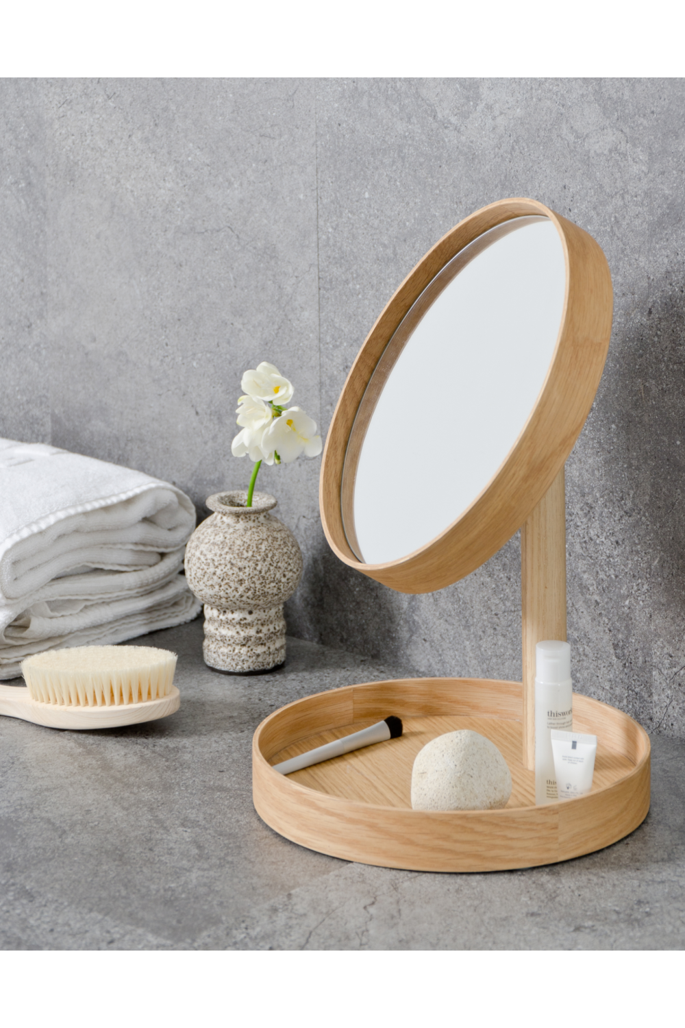 Oak Magnifying Vanity Mirror with Storage Tray | Wireworks Look、mySite、neckold