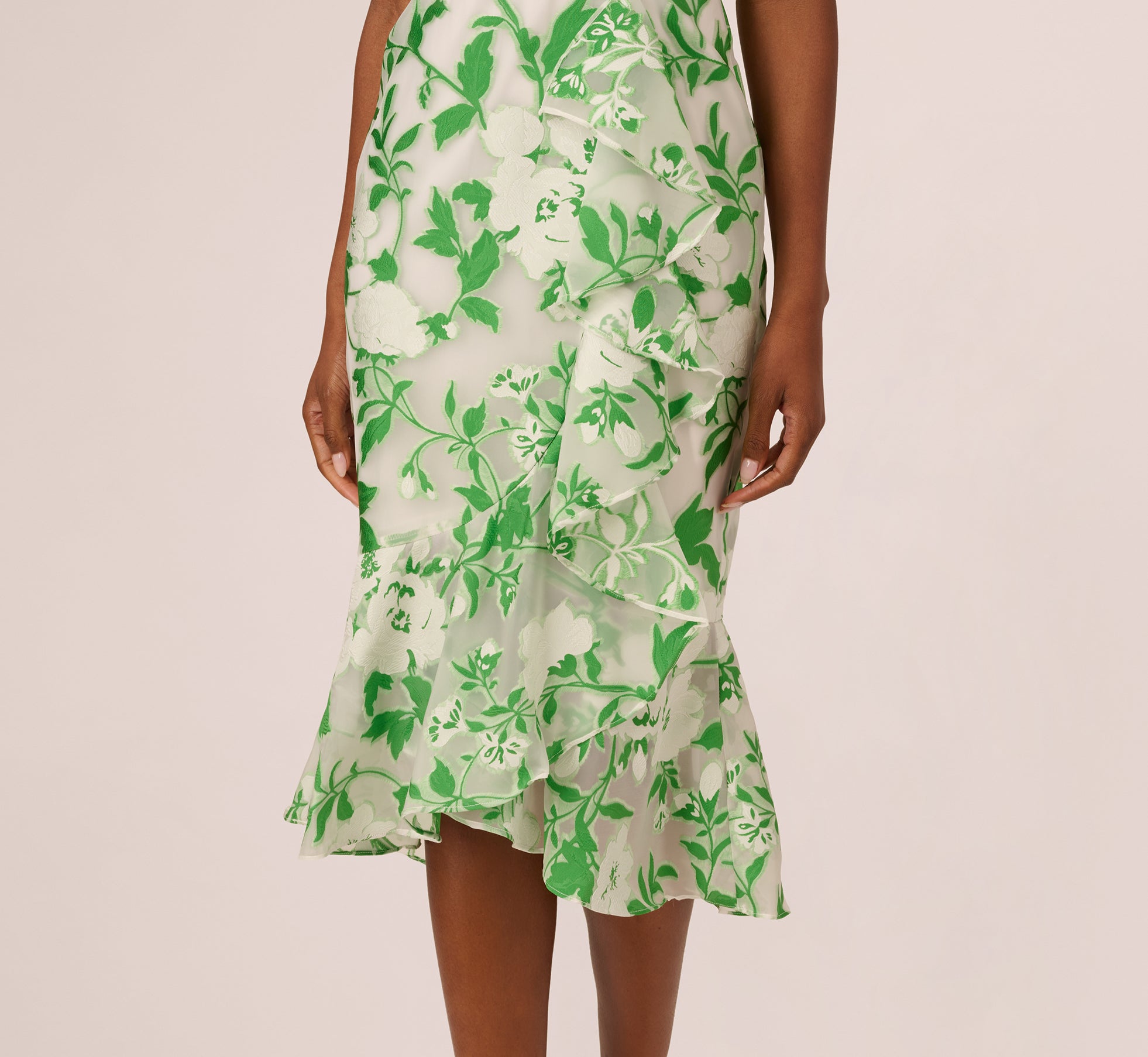 Sleeveless Organza Jacquard Mermaid Midi Dress In Green Ivory、mySite、solidvoid