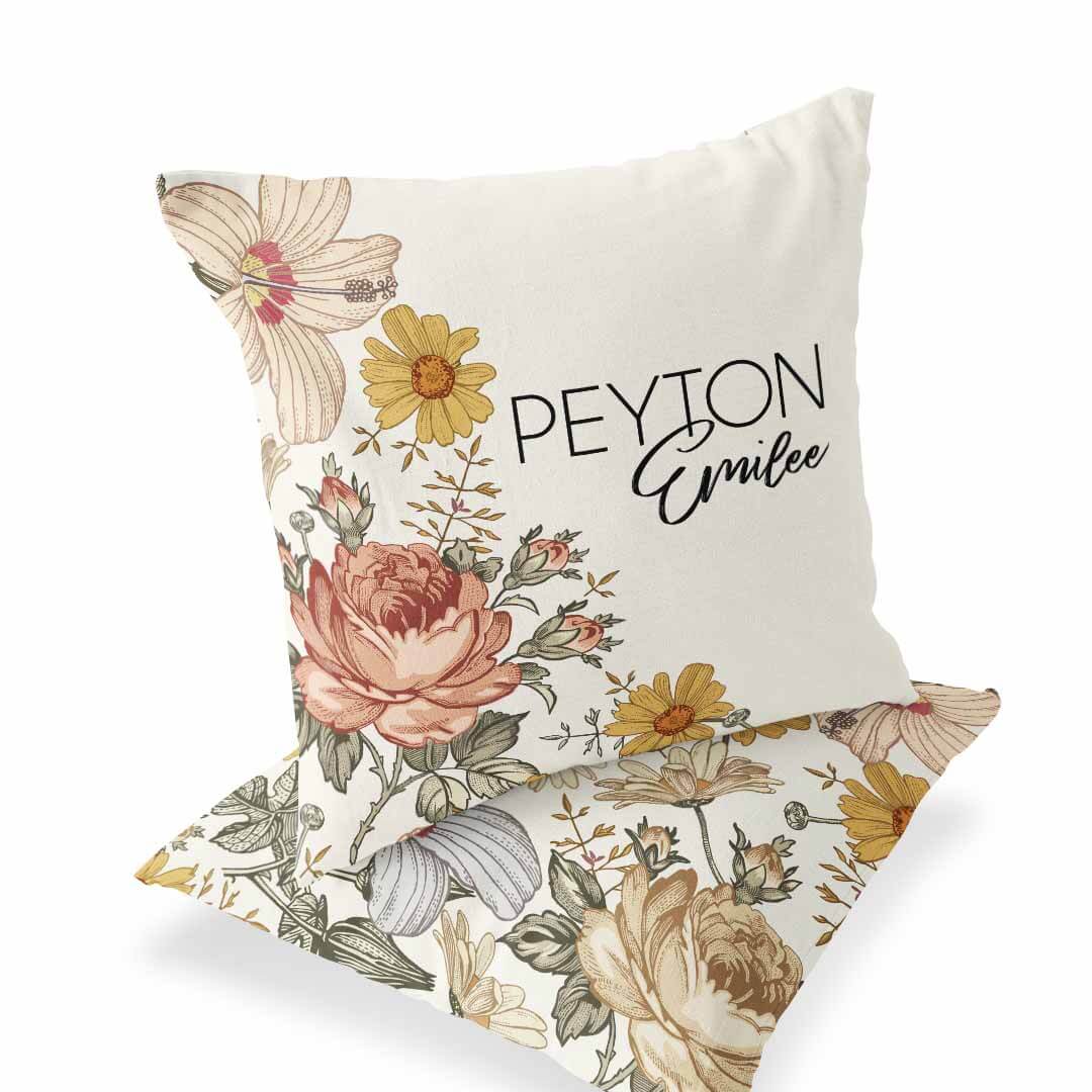  Peyton's Vintage Floral Personalized Name Throw Pillow、mySite、layawaytickets