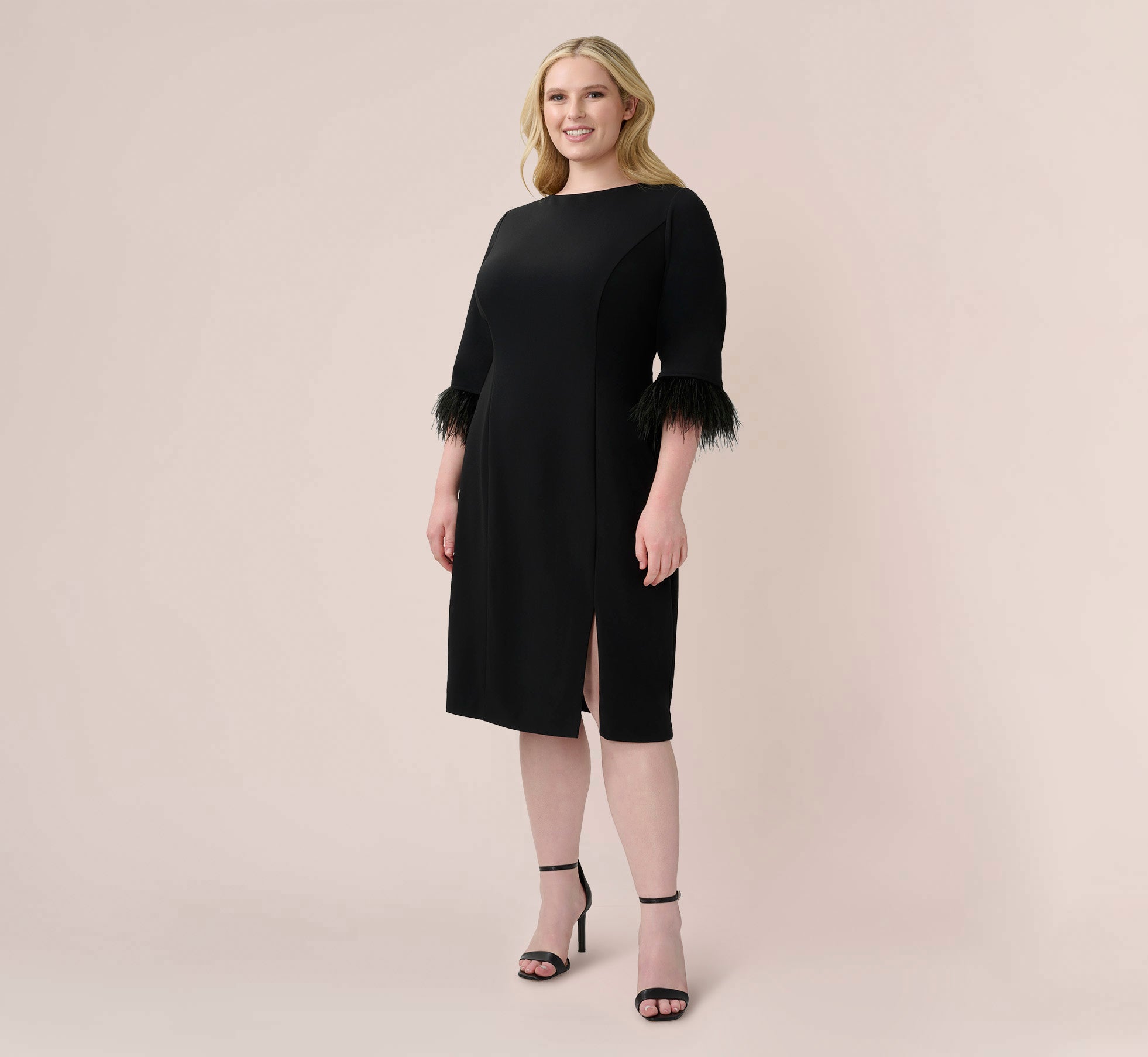 Plus Size Crepe Sheath Dress With V-Back And Feather-Trim Sleeves In Black、mySite、solidvoid