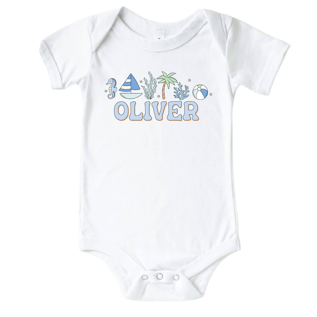  Personalized Tiny Tides Blue Graphic Bodysuit | White、mySite、layawaytickets