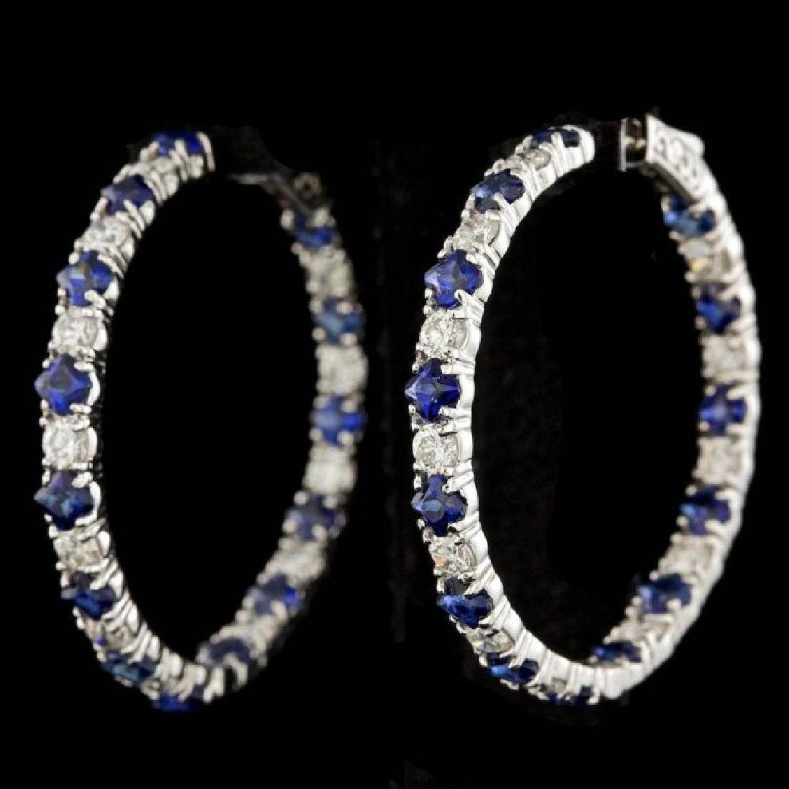 Diamond and Blue Sapphire Hoop Earrings in 14K White Gold, Made in the USA、mySite、g9winljtr