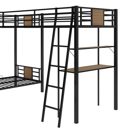 L-Shaped Twin over Twin Bunk Bed with Twin Size Loft Bed with Desk and Shelf ,Brown、、casual