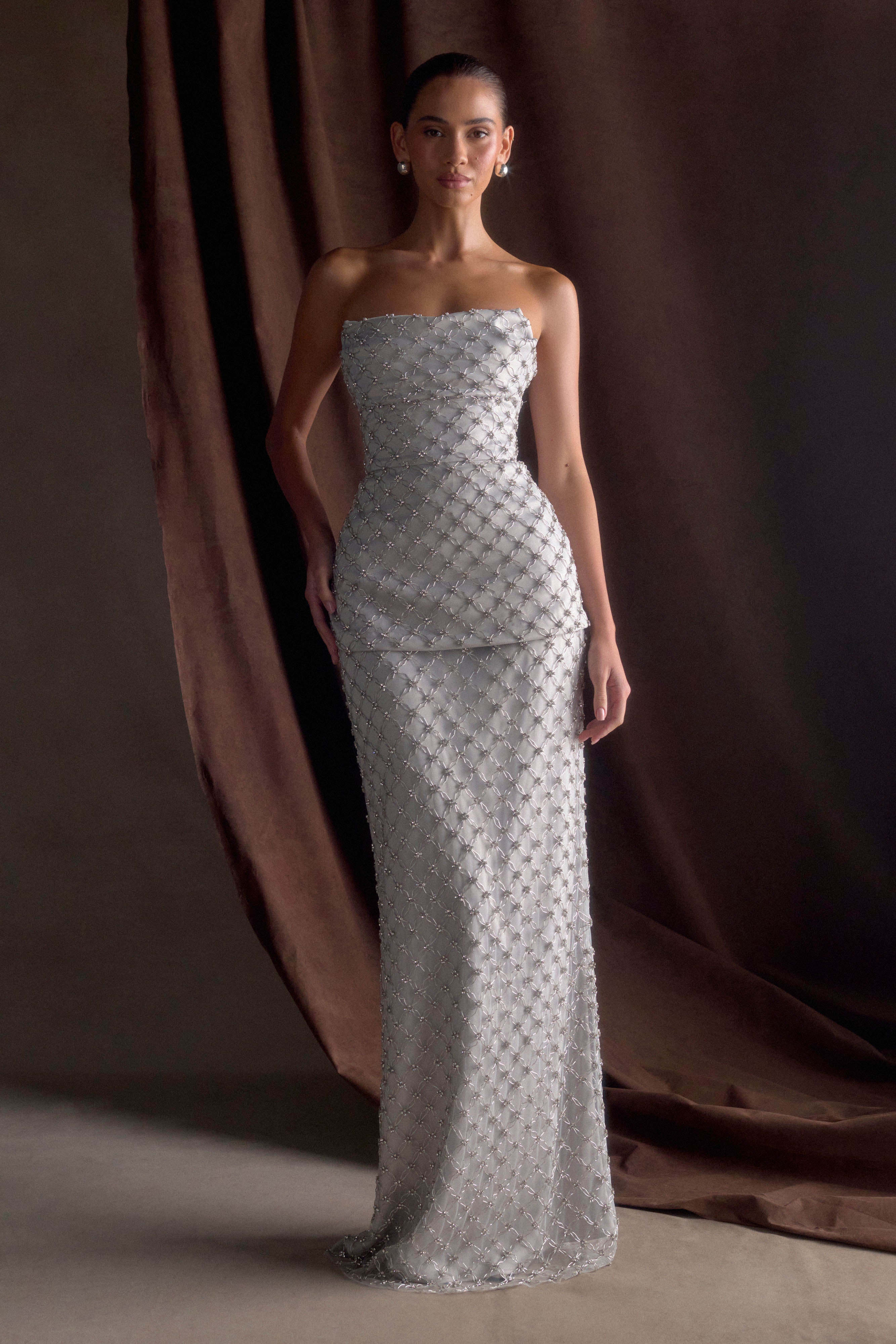 Zuri Hand Beaded Embellished Peplum Corset - Silver、mySite、solidvoid