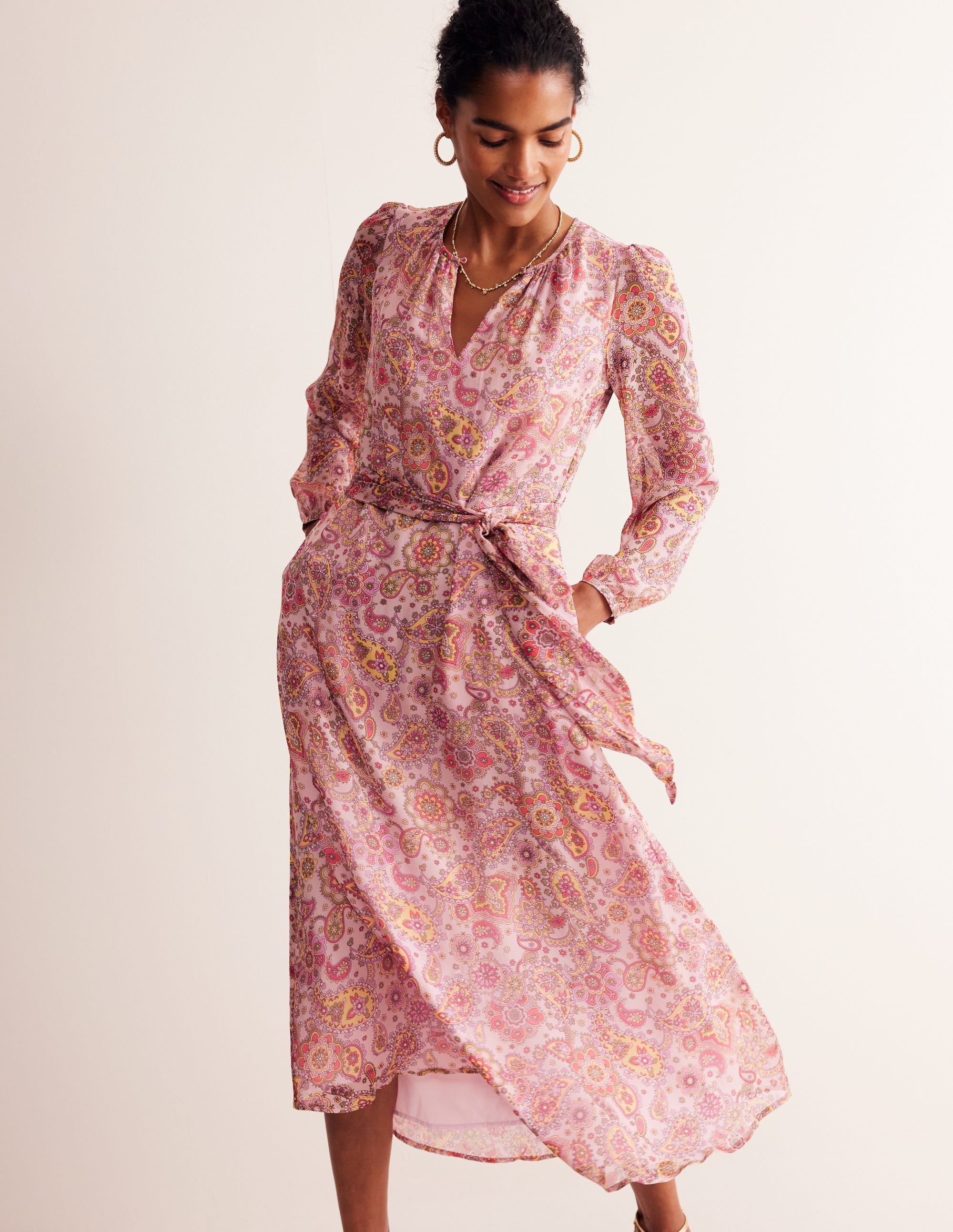  Silk Midi Blouson Sleeve Dress-Milkshake, Paisley Field、mySite、ashleygrahame