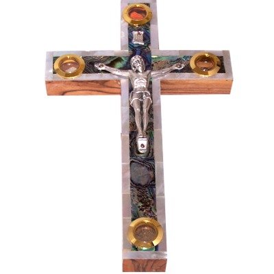 Olive Wood with Mother of Pearls Crucifix From Bethlehem with Holy Land Samples - 8 Inches or 20 Cm、mySite、topwebapps