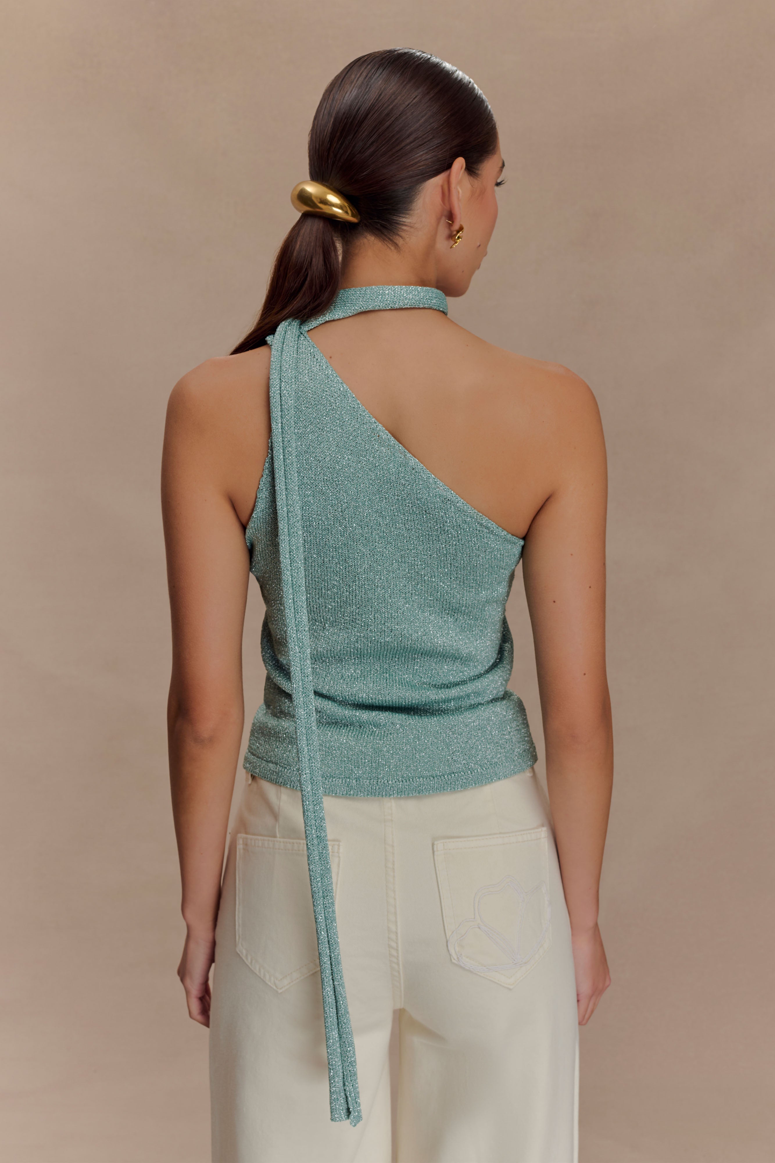Leone One Shoulder Metallic Knit Top - Aqua、mySite、solidvoid