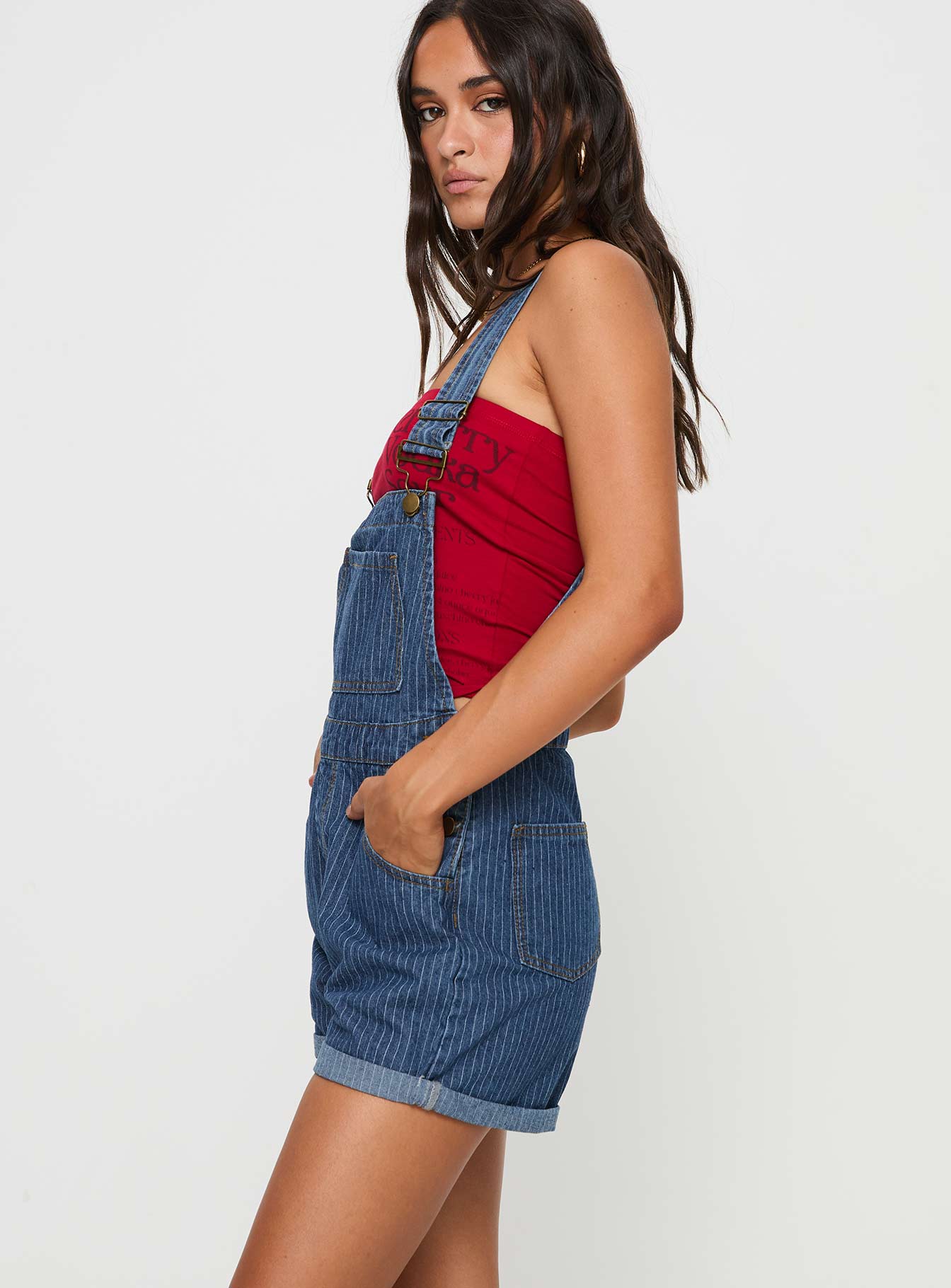 Kacey Short Overalls Mid Blue Pinstripe、mySite、solidvoid