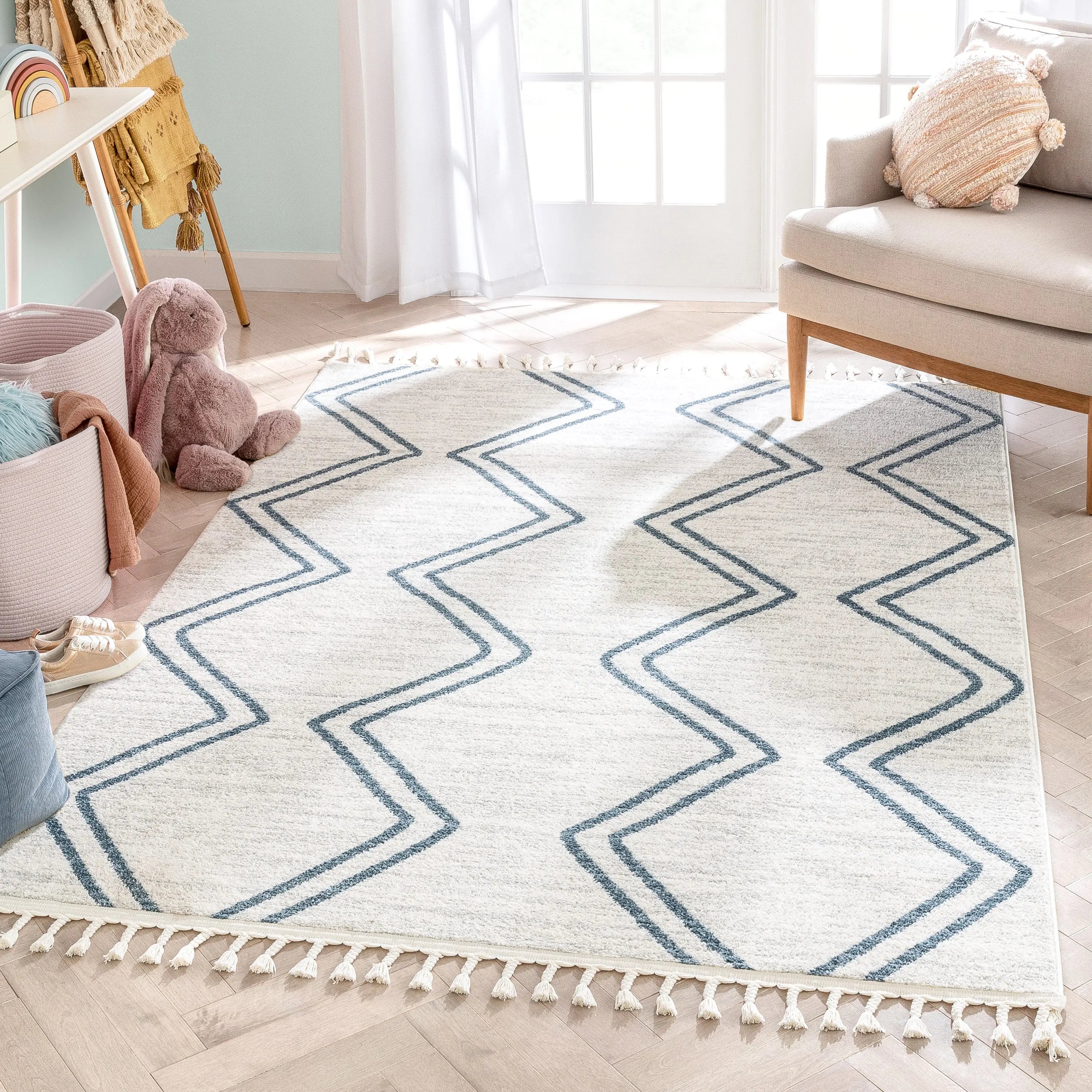 Reeve Modern Chevron Zig-Zag Blue Ivory Kids Rug、mySite、gigharbornorthrealestate