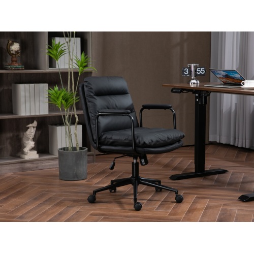 Office Chair,Mid Back Home Office Desk Task Chair with Wheels and Arms Ergonomic PU Leather Computer Rolling Swivel Chair with Padded Armrest,The back of the chair can recline 40° (Brown)、、casual