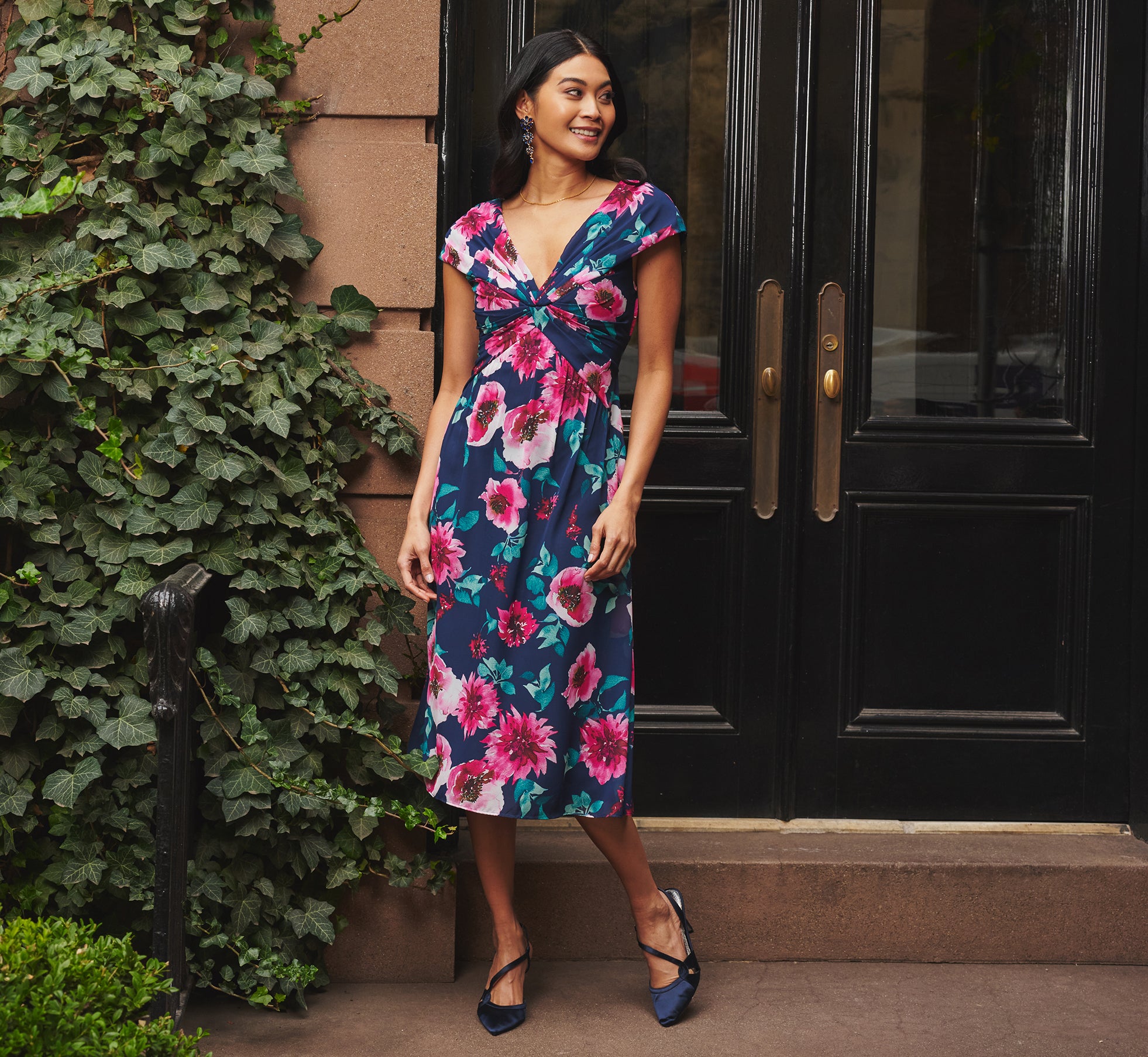 Cap Sleeve Floral Chiffon A Line Midi Dress In Navy Pink Multi、mySite、solidvoid