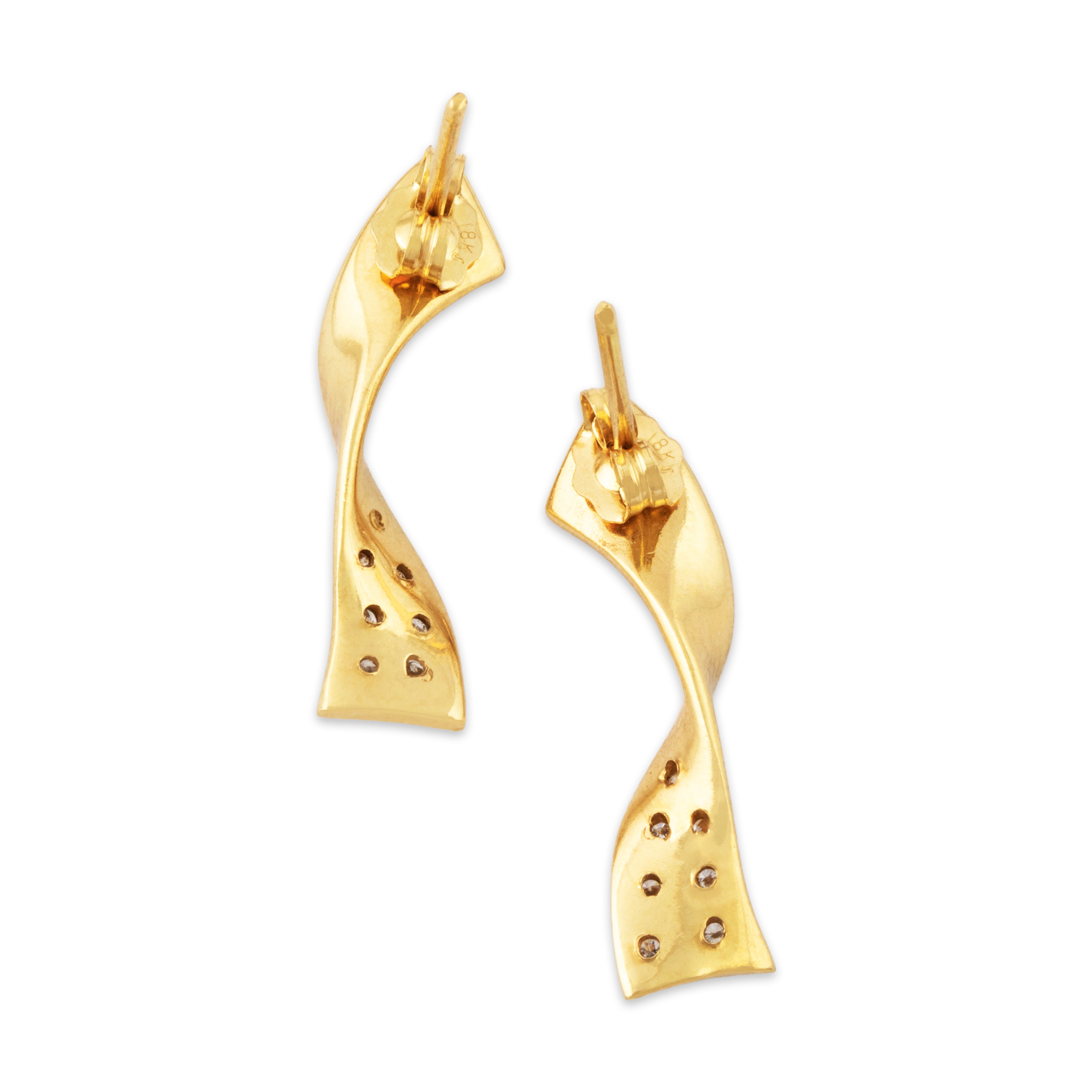 Vintage 18k Yellow Gold Diamond Modernist Ribbon Drop Stud Earrings、mySite、hinf8tx79