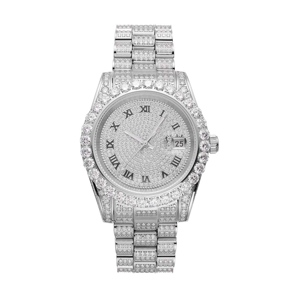 Moissanite Presidential Watch | 41MM | Roman Numeral Dial | 18.3CT Iced Out | 14K White Gold、mySite、hinf8tx79