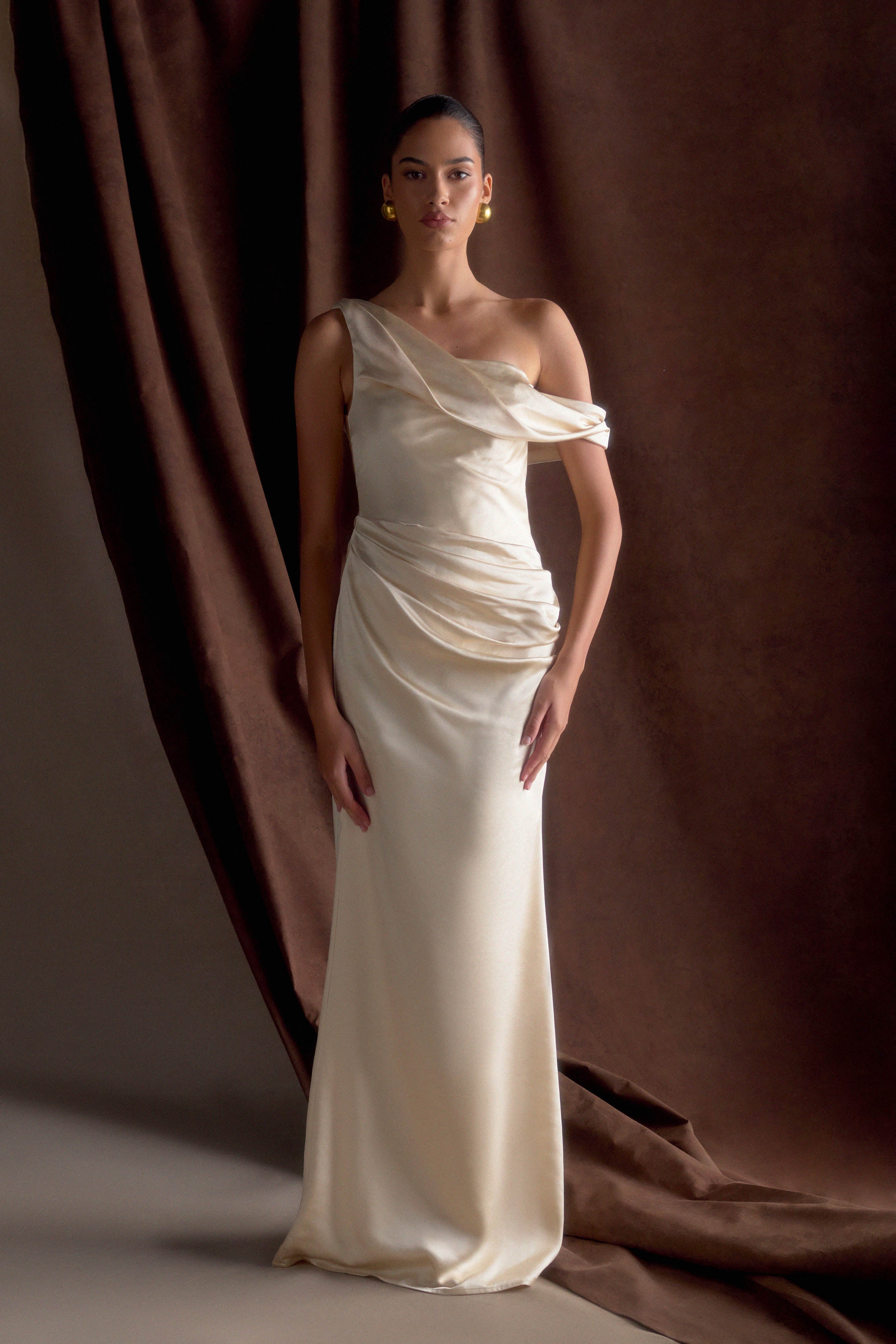 Dalia Off Shoulder Satin Maxi Dress - Blush Gold、mySite、solidvoid