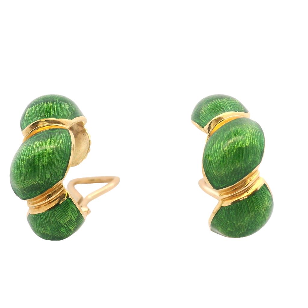  Estate 18K Yellow Gold Green Enamel Clip On Hoop Earrings