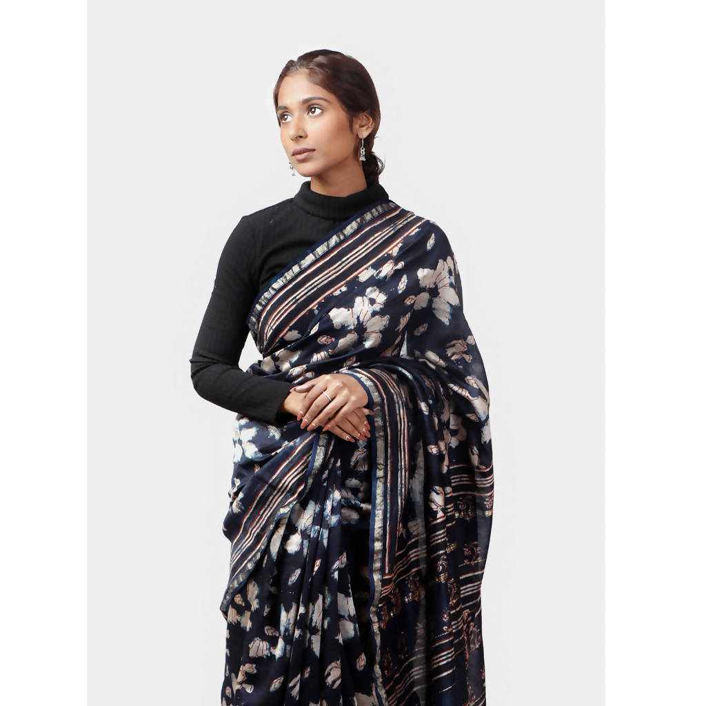 Natural Dyed Dabu Chanderi Saree| Ink Blue、mySite、camillekostekn