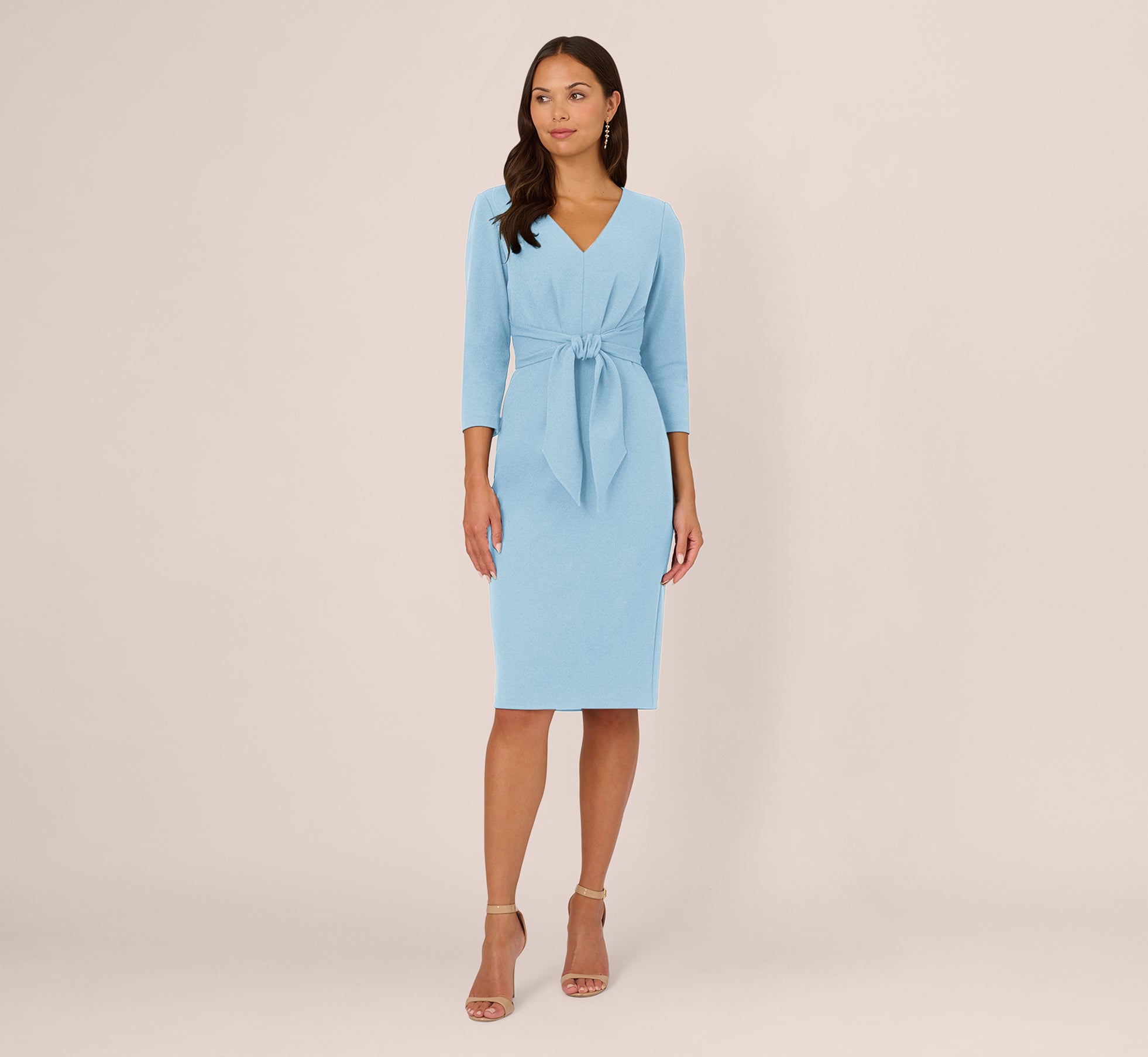Three Quarter Sleeve Pleated Midi Dress With Tie Waist In Blue Mist、mySite、solidvoid