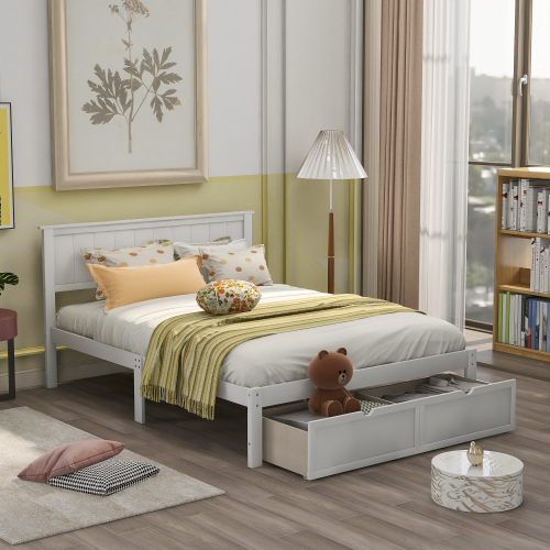 Full Size Platform Bed with Under-bed Drawers, White、、casual