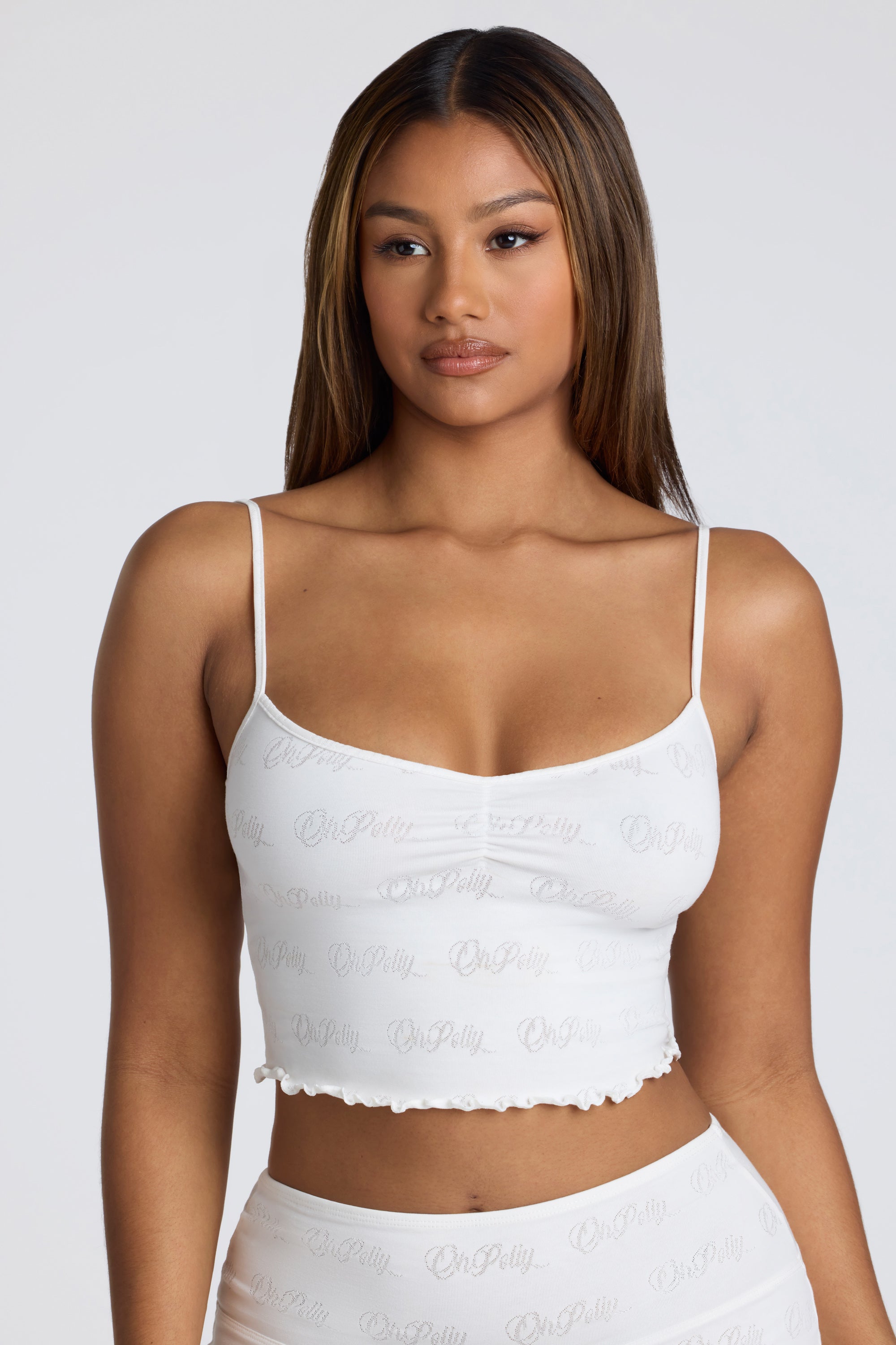 Strappy Ruched Pointelle Crop Top in White、mySite、solidvoid